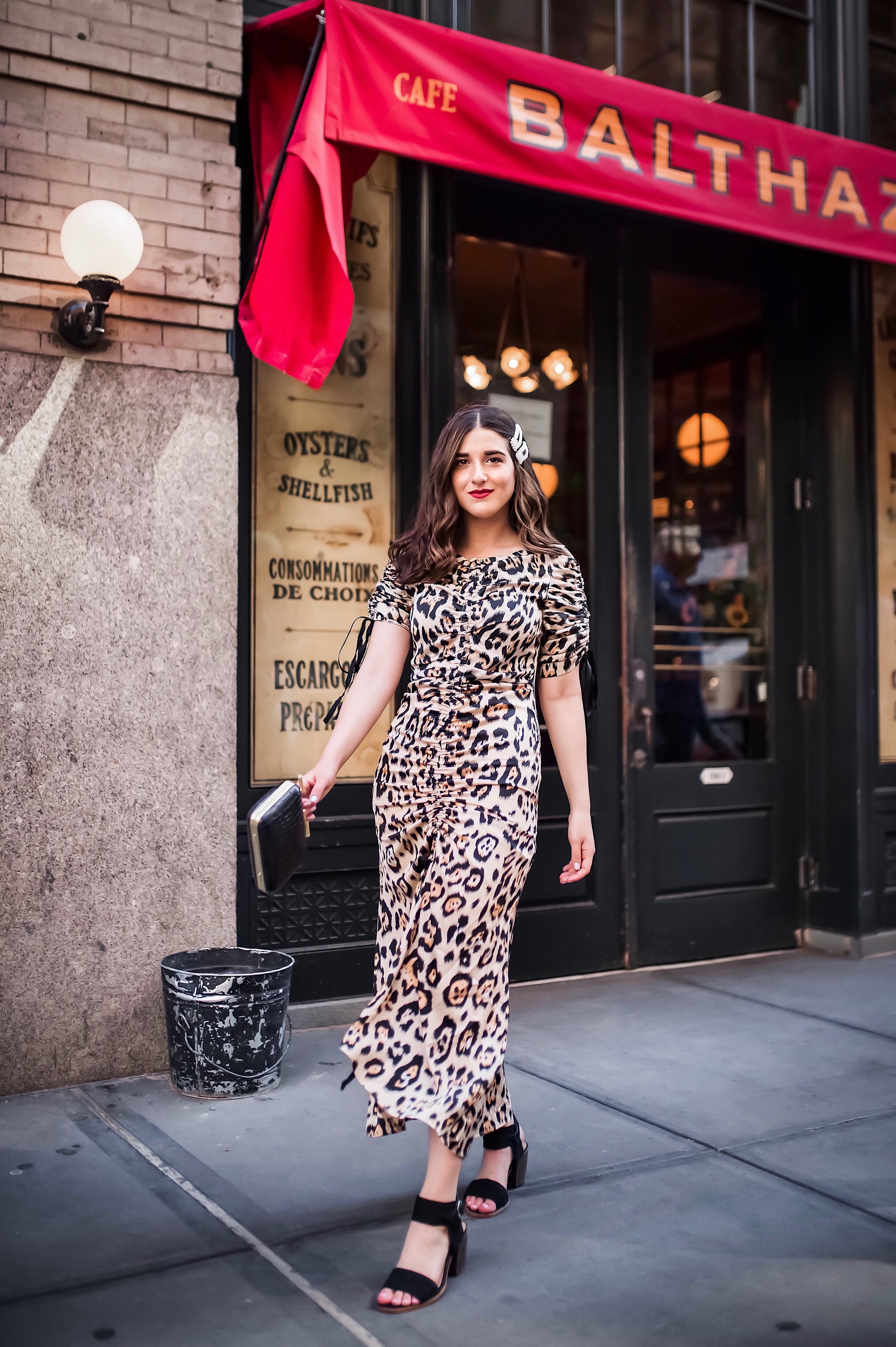 July 3 2019 Leopard Dress Pearl Hair Clips Esther Santer Fashion Blog NYC Street Style Blogger Outfit OOTD Trendy Shopping Girl What How To Wear Cheetah Black Braided Sandals Vince Camuto Balthazar Restaurant Bag New York City Soho Photoshoot Clothing.jpg