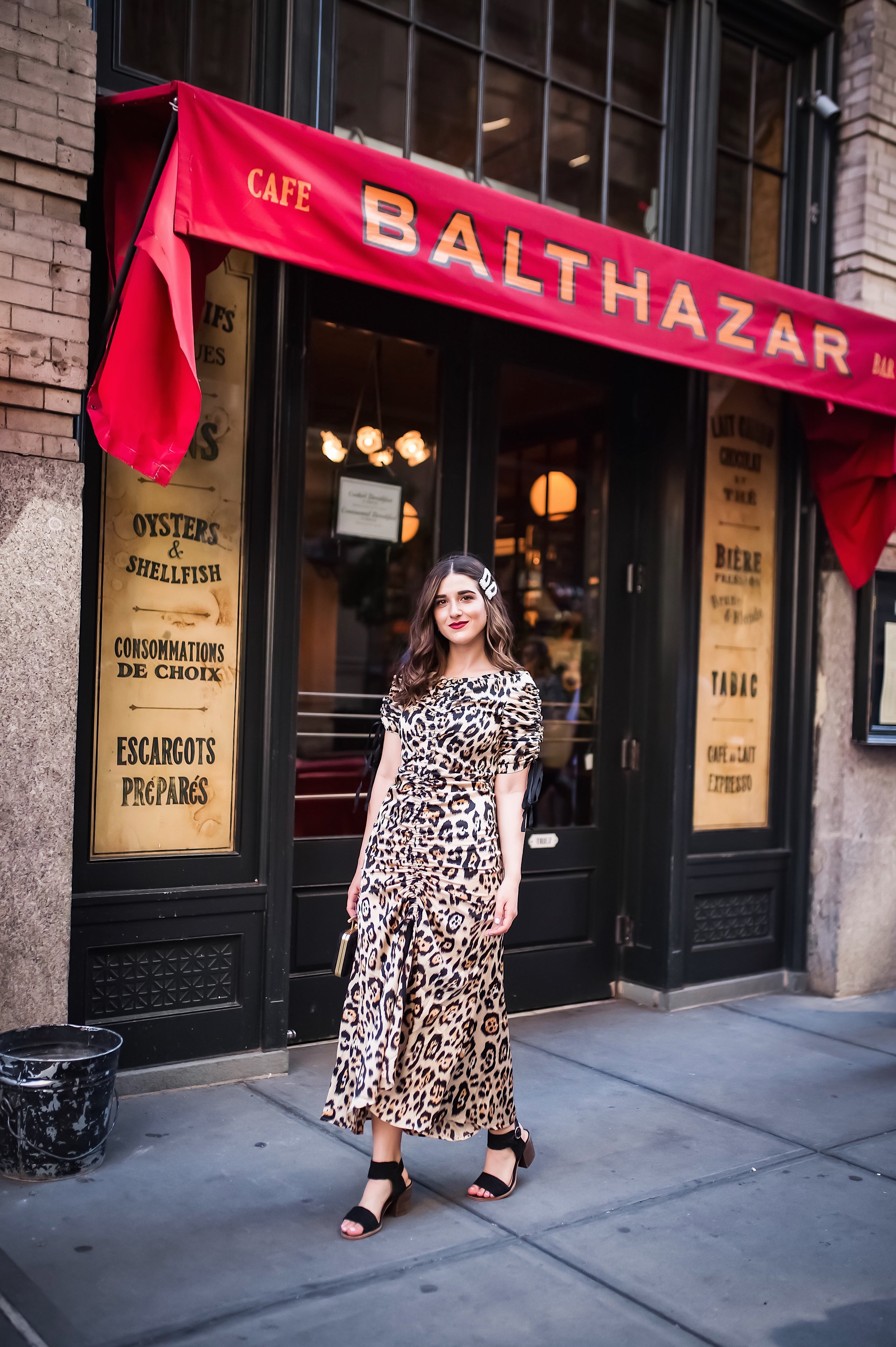 July 3 2019 Leopard Dress Pearl Hair Clips Esther Santer Fashion Blog NYC Street Style Blogger Outfit OOTD Trendy Shopping Girl What How To Wear Cheetah Black Braided Sandals Vince Camuto Balthazar Restaurant New York City Soho Clothing Photoshoot Bag.jpg