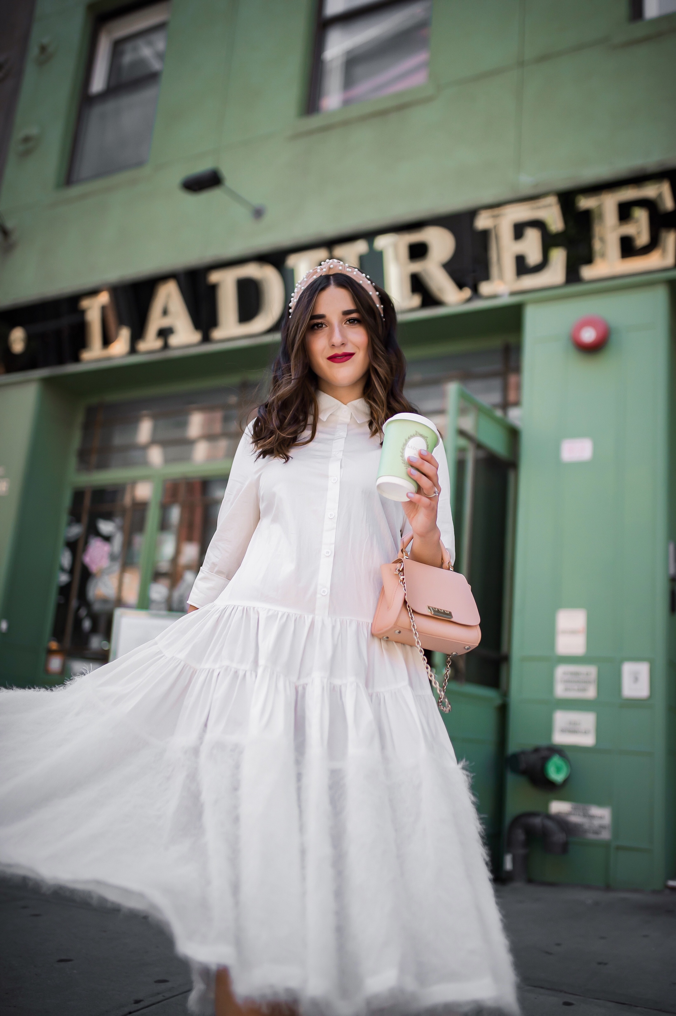 Debunking 8 Common Misconceptions About Fashion Bloggers White Midi Dress Pink Accessories Esther Santer Fashion Blog NYC Street Style Blogger Outfit OOTD Trendy Shopping Girl Headband How To Wear Pink Zac Posen Bag La Duree Photoshoot Jeweled Sandals.JPG