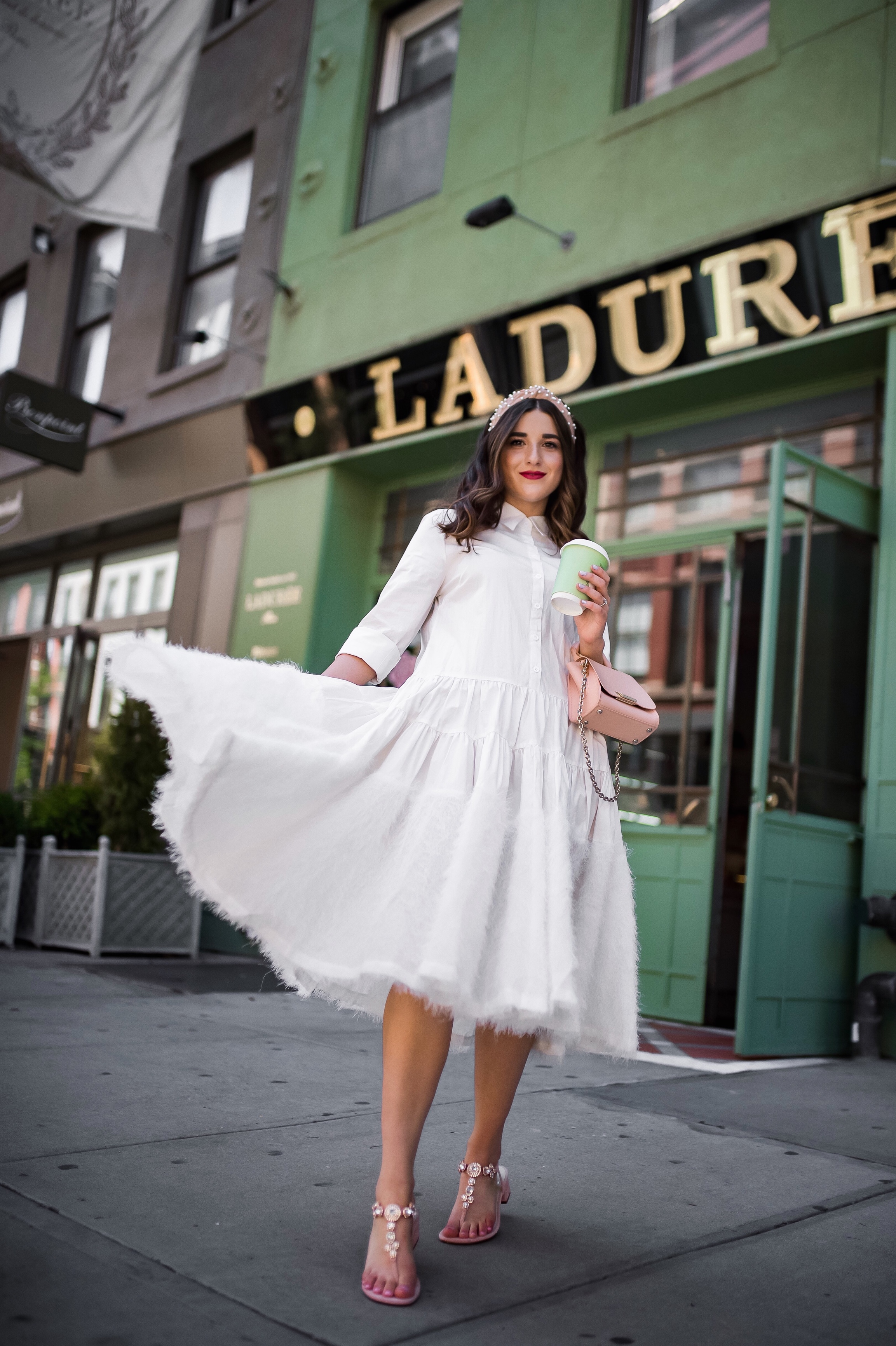 Debunking 8 Common Misconceptions About Fashion Bloggers White Midi Dress Pink Accessories Esther Santer Fashion Blog NYC Street Style Blogger Outfit OOTD Trendy Shopping Girl Headband How To Wear Pink Zac Posen Bag Jeweled Sandals La Duree Photoshoot.JPG