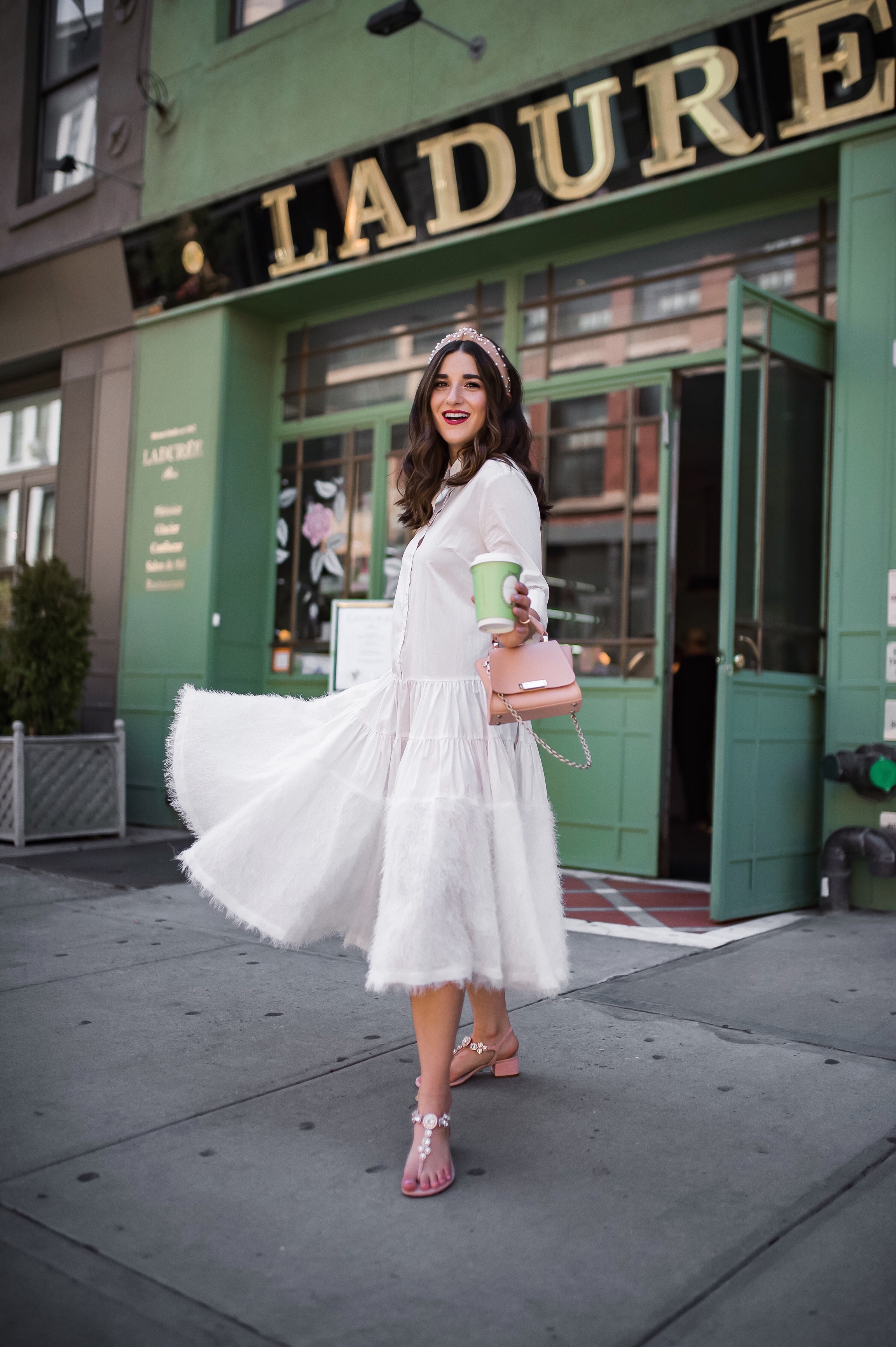 Debunking 8 Common Misconceptions About Fashion Bloggers White Midi Dress Pink Accessories Esther Santer Fashion Blog NYC Street Style Blogger Outfit OOTD Trendy Shopping Girl Headband How To Wear Pink Sandals Jeweled Zac Posen Bag Photoshoot La Duree.JPG