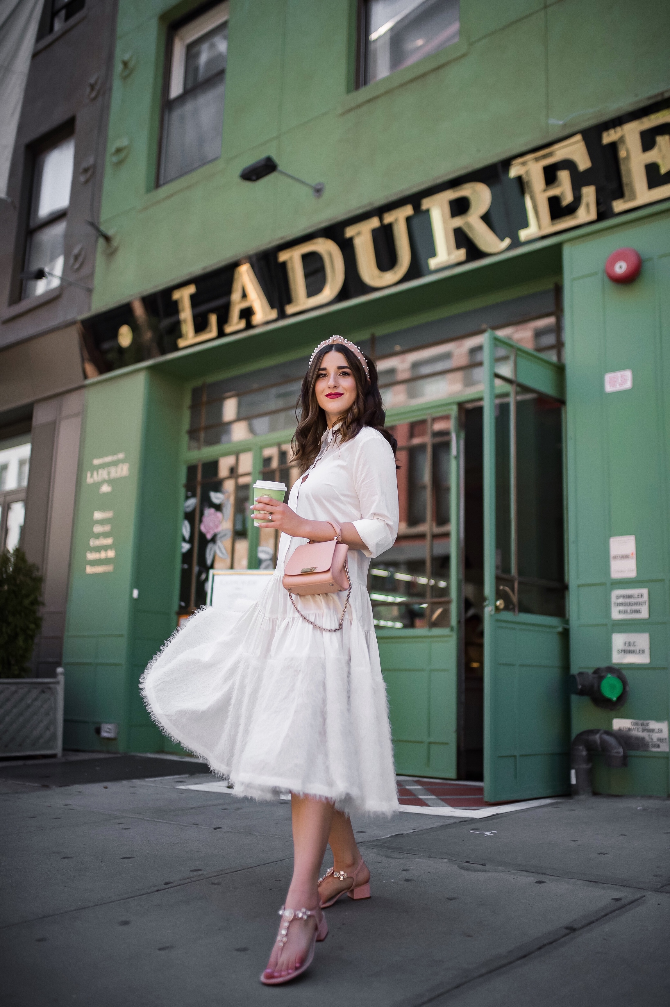 Debunking 8 Common Misconceptions About Fashion Bloggers White Midi Dress Pink Accessories Esther Santer Fashion Blog NYC Street Style Blogger Outfit OOTD Trendy Shopping Girl Headband How To Wear Pink Zac Posen Bag Sandals Jeweled Photoshoot La Duree.JPG