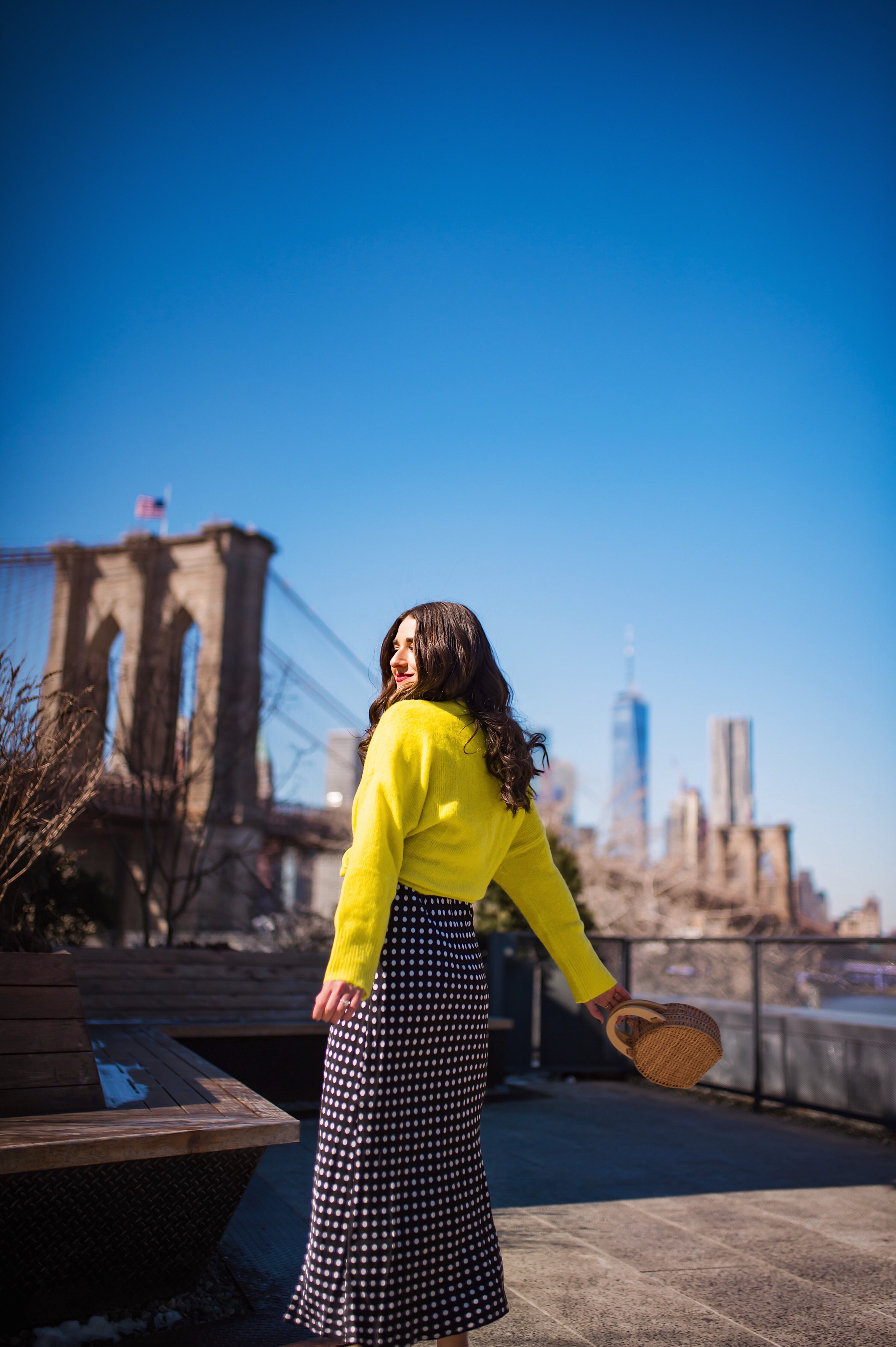 How I Wound Up With Boring White Dishes Navy Polka Dot Dress Neon Yellow Knotted Sweater Esther Santer Fashion Blog NYC Street Style Blogger Outfit OOTD Trendy Shopping Girl What How To Wear Dumbo Brooklyn Bridge Photoshoot Laurel Creative White Heels.JPG
