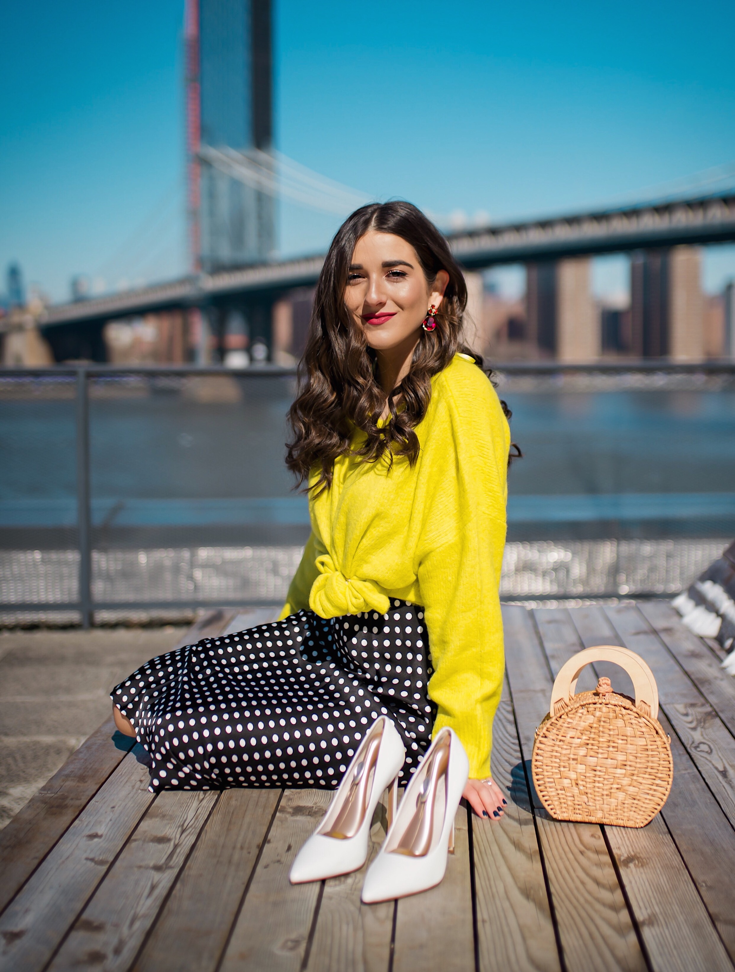 How I Wound Up With Boring White Dishes Navy Polka Dot Dress Neon Yellow Knotted Sweater Esther Santer Fashion Blog NYC Street Style Blogger Outfit OOTD Trendy Shopping Girl What How To Wear White Heels Brooklyn Bridge Laurel Creative Photoshoot Dumbo.JPG