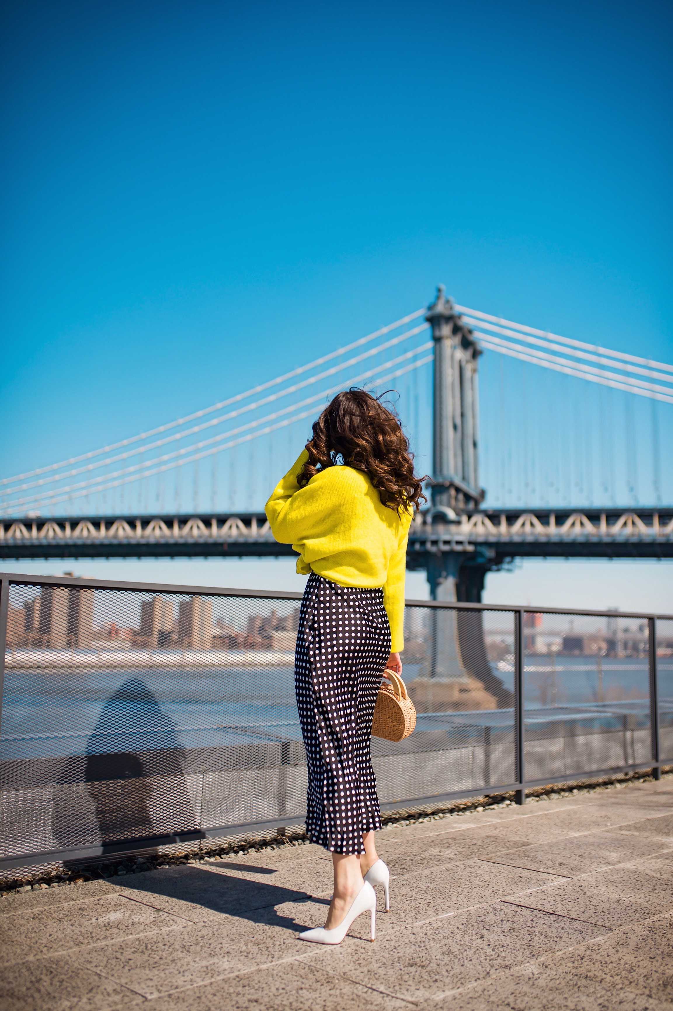 How I Wound Up With Boring White Dishes Navy Polka Dot Dress Neon Yellow Knotted Sweater Esther Santer Fashion Blog NYC Street Style Blogger Outfit OOTD Trendy Shopping Girl What How To Wear White Heels Dumbo Brooklyn Bridge Photoshoot Laurel Creative.JPG