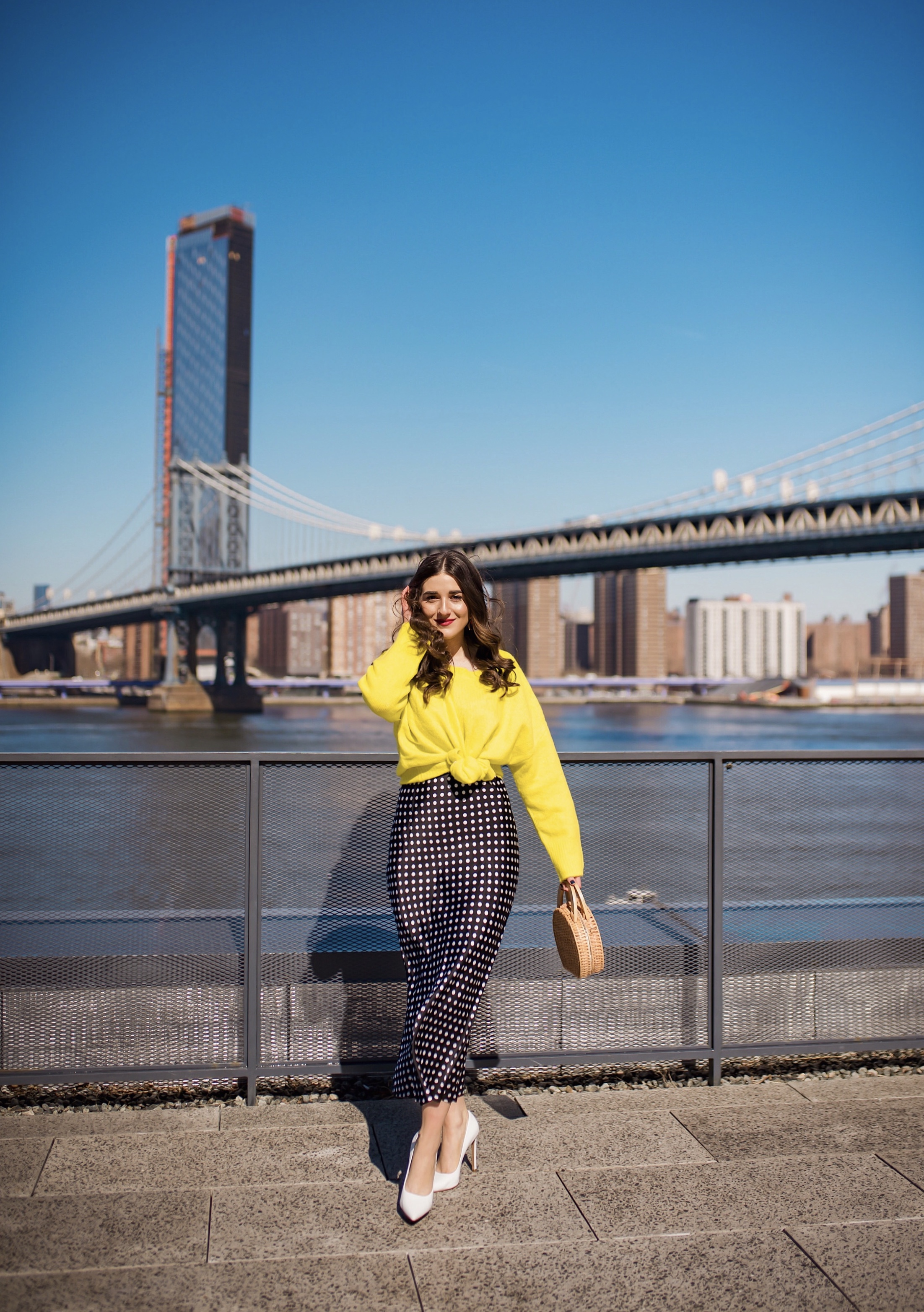 How I Wound Up With Boring White Dishes Navy Polka Dot Dress Neon Yellow Knotted Sweater Esther Santer Fashion Blog NYC Street Style Blogger Outfit OOTD Trendy Shopping Girl What How To Wear White Heels Laurel Creative Photoshoot Dumbo Brooklyn Bridge.JPG