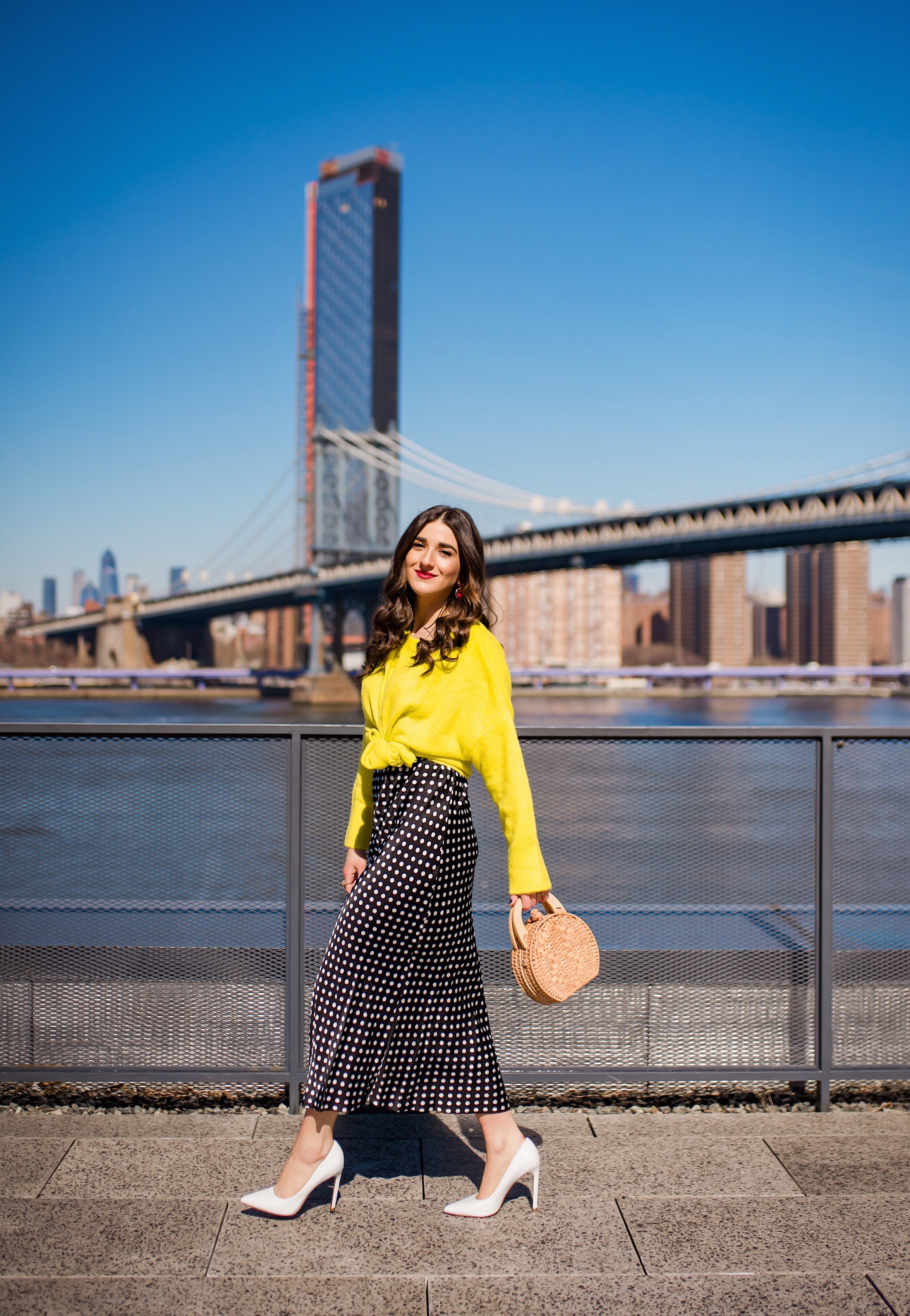 How I Wound Up With Boring White Dishes Navy Polka Dot Dress Neon Yellow Knotted Sweater Esther Santer Fashion Blog NYC Street Style Blogger Outfit OOTD Trendy Shopping Girl White Heels What How To Wear Photoshoot Dumbo Brooklyn Bridge Laurel Creative.JPG