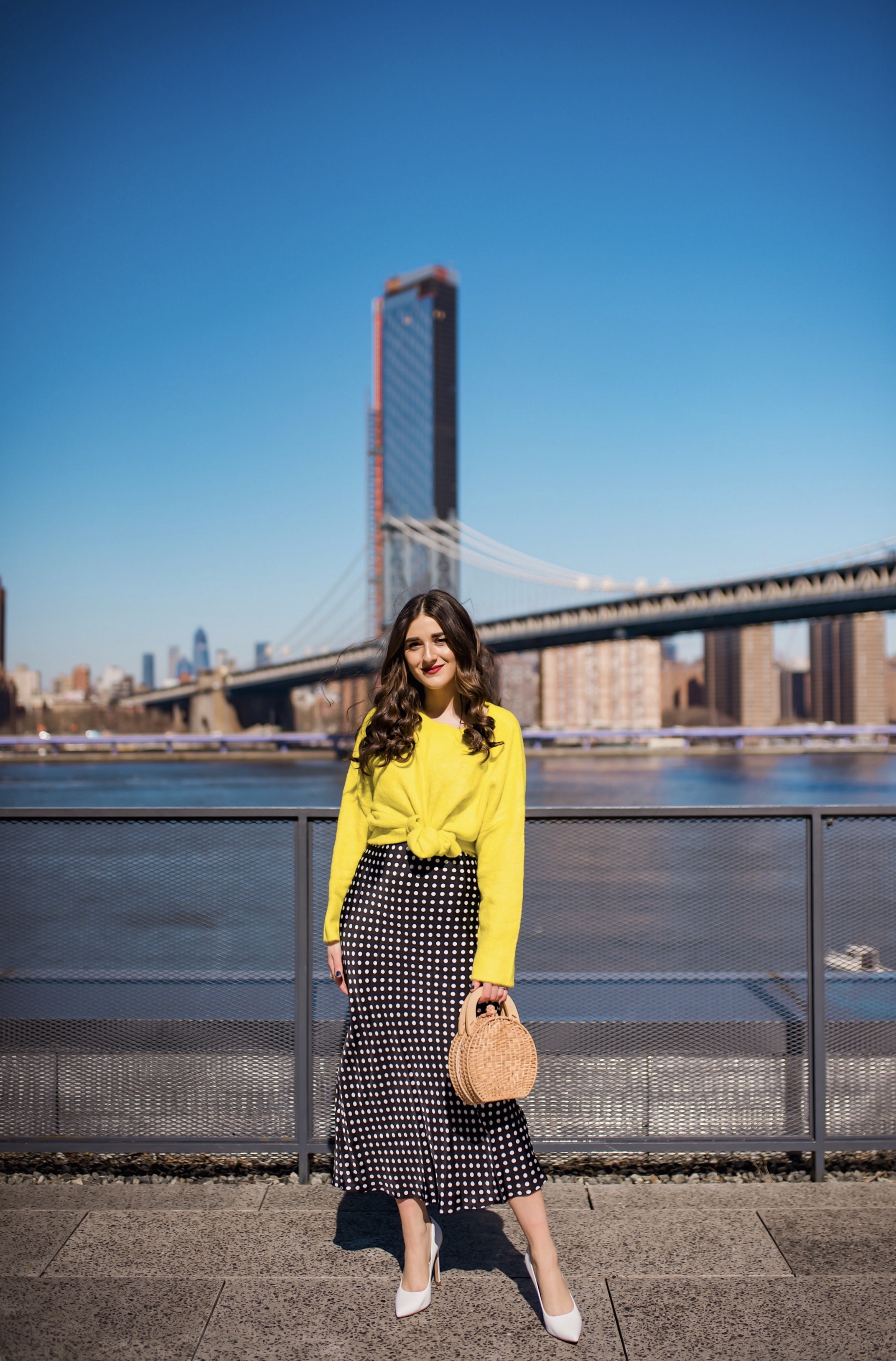 How I Wound Up With Boring White Dishes Navy Polka Dot Dress Neon Yellow Knotted Sweater Esther Santer Fashion Blog NYC Street Style Blogger Outfit OOTD Trendy Shopping Girl White Heels What How To Wear Dumbo Brooklyn Bridge Laurel Creative Photoshoot.JPG