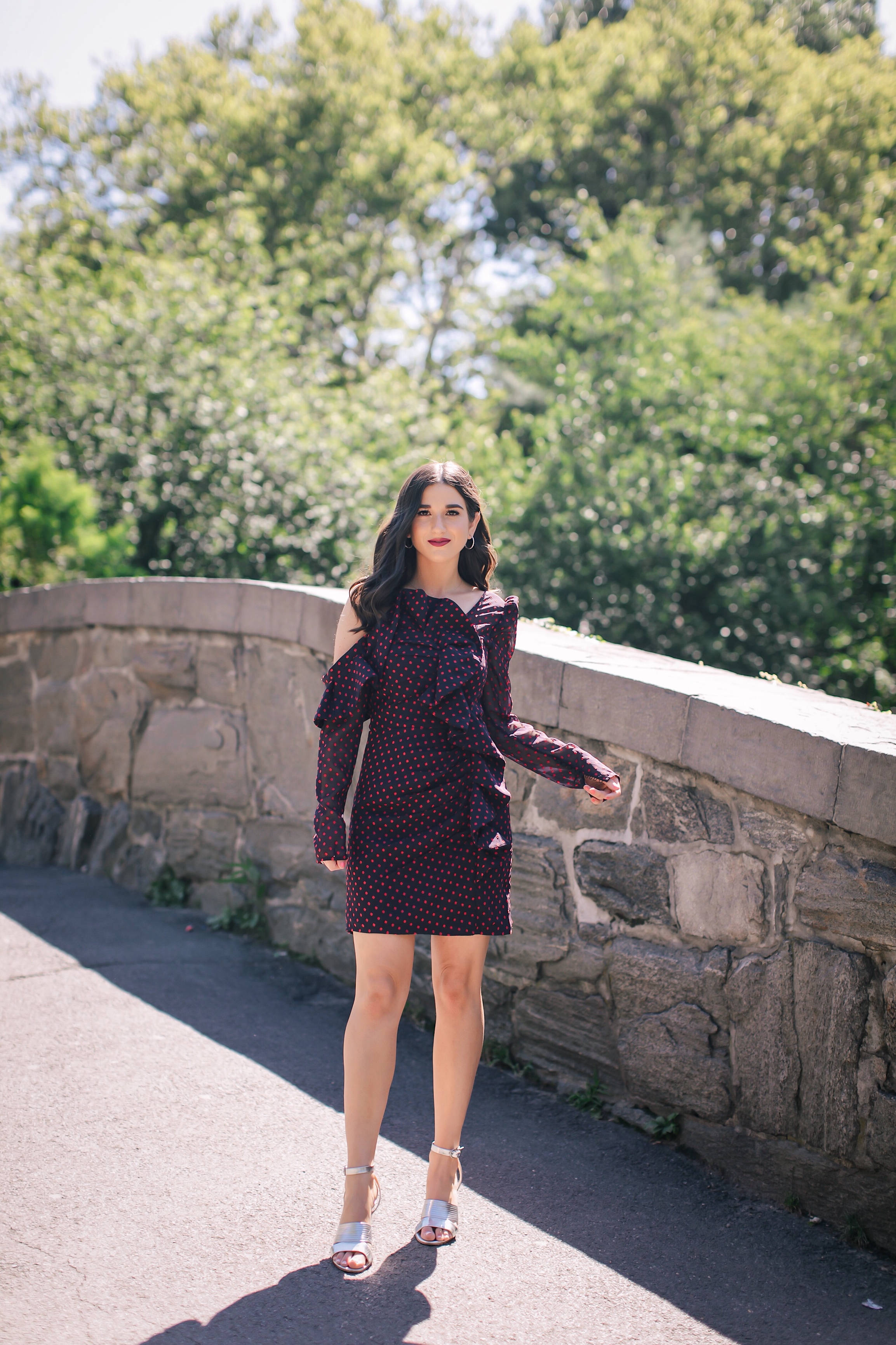 Aging Out Cold Shoulder Polka Dot Dress Silver Heels Esther Santer Fashion Blog NYC Street Style Blogger Outfit OOTD Trendy Shopping Girl What How To Wear Industry Diamond Jewelry Self Portait Central Park Photoshoot Gapstow Bridge Red Lip Summer Love.JPG
