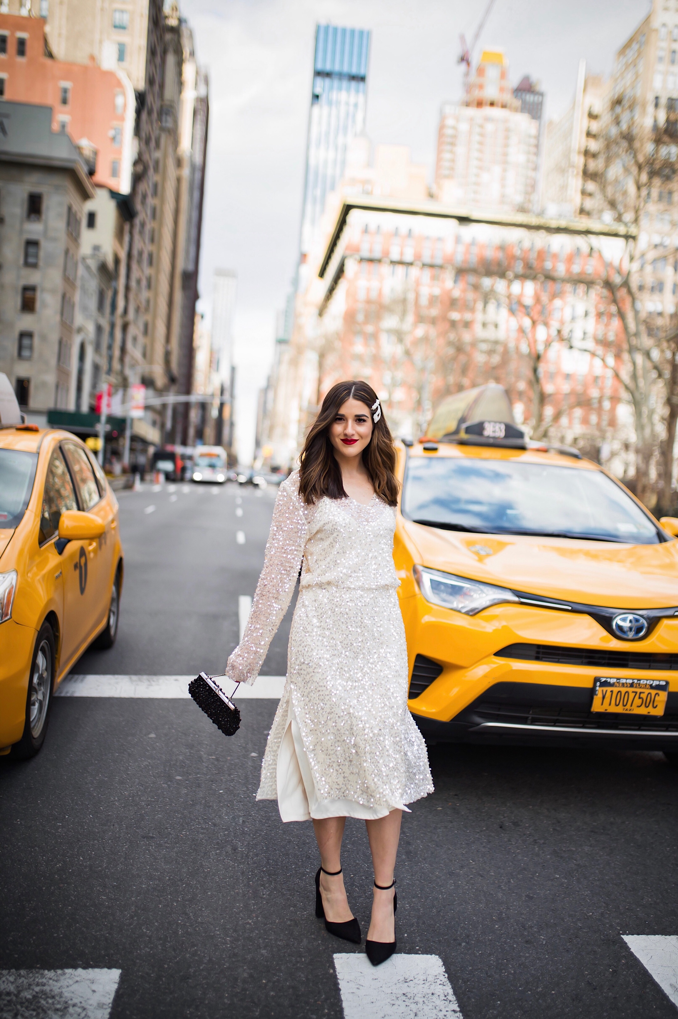 10 Ways To Be An Amazing Houseguest Sequined Midi Dress Black Heels Esther Santer Fashion Blog NYC Street Style Blogger Outfit OOTD Trendy Shopping Girl What How To Wear Beaded Clutch Pearl Hair Clips Zara Asos Taxi Shot Photoshoot  Inspo Bag Pretty.JPG