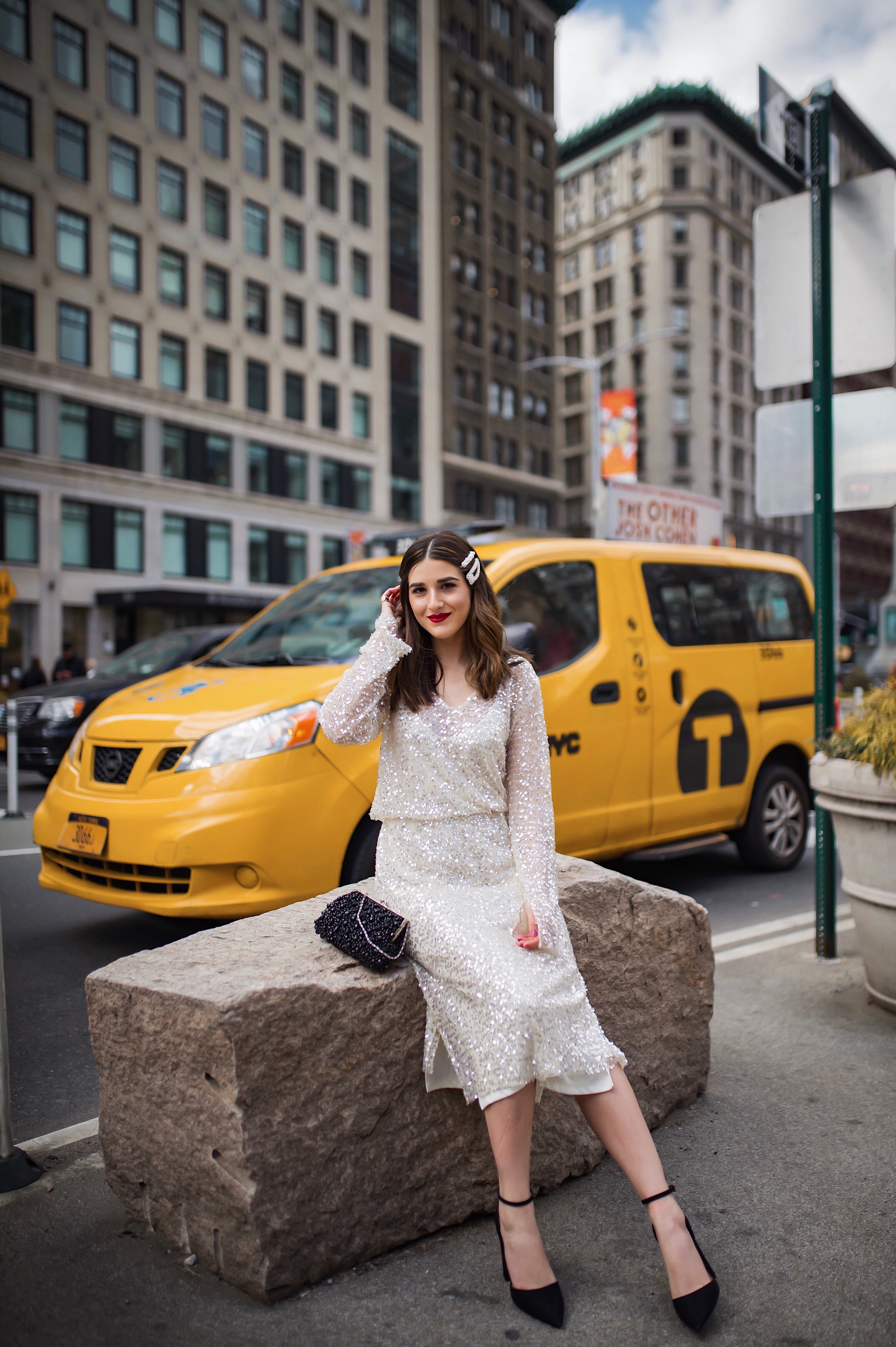 10 Ways To Be An Amazing Houseguest Sequined Midi Dress Black Heels Esther Santer Fashion Blog NYC Street Style Blogger Outfit OOTD Trendy Shopping Girl What How To Wear Beaded Clutch Pearl Hair Clips Zara Asos Taxi  Shot Photoshoot Inspo Bag Pretty.JPG