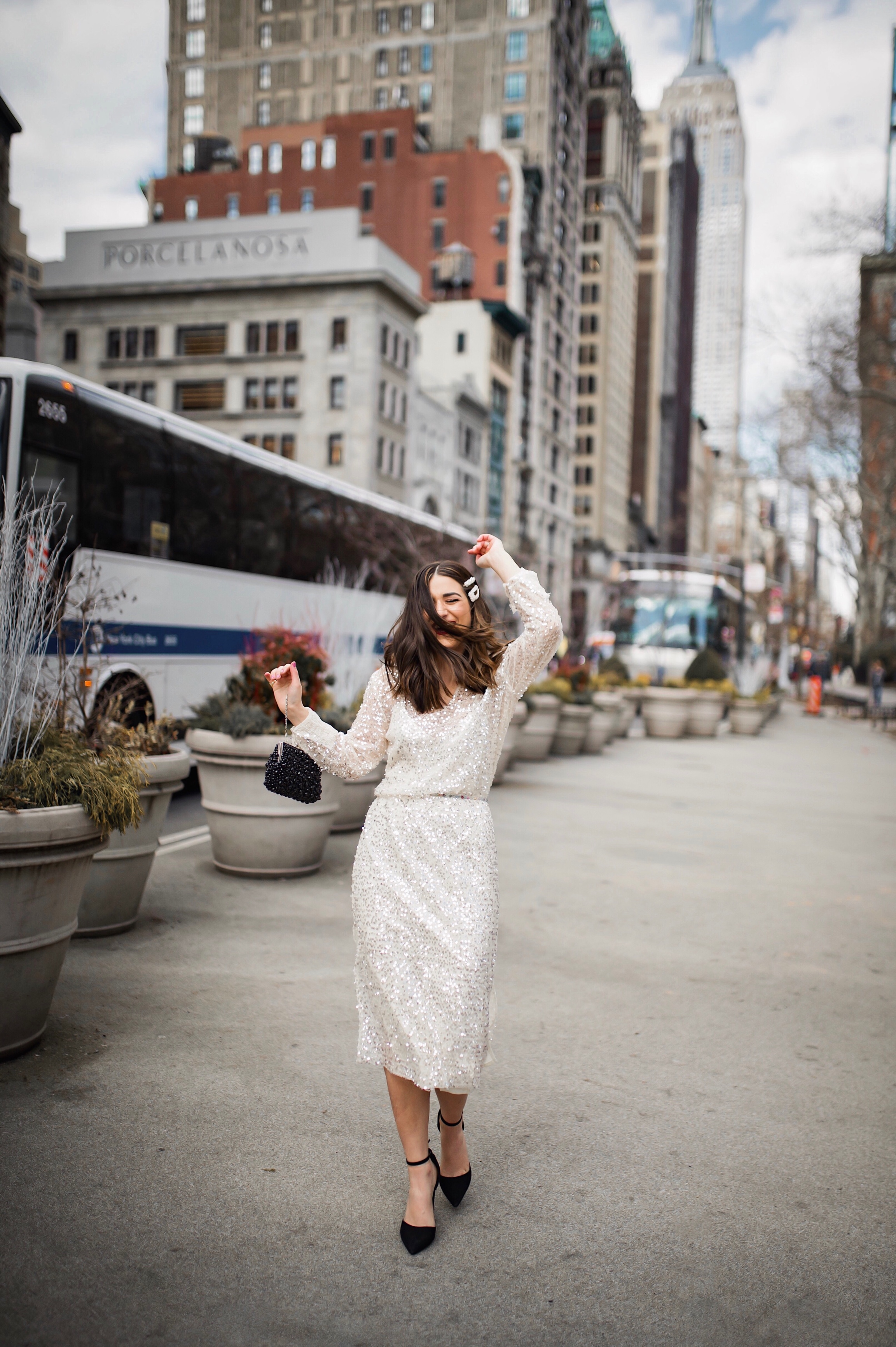10 Ways To Be An Amazing Houseguest Sequined Midi Dress Black Heels Esther Santer Fashion Blog NYC Street Style Blogger Outfit OOTD Trendy  Shopping Girl What How To Wear Beaded Clutch Pearl Hair Clips Zara Asos Taxi Shot Photoshoot Inspo Bag Pretty.JPG