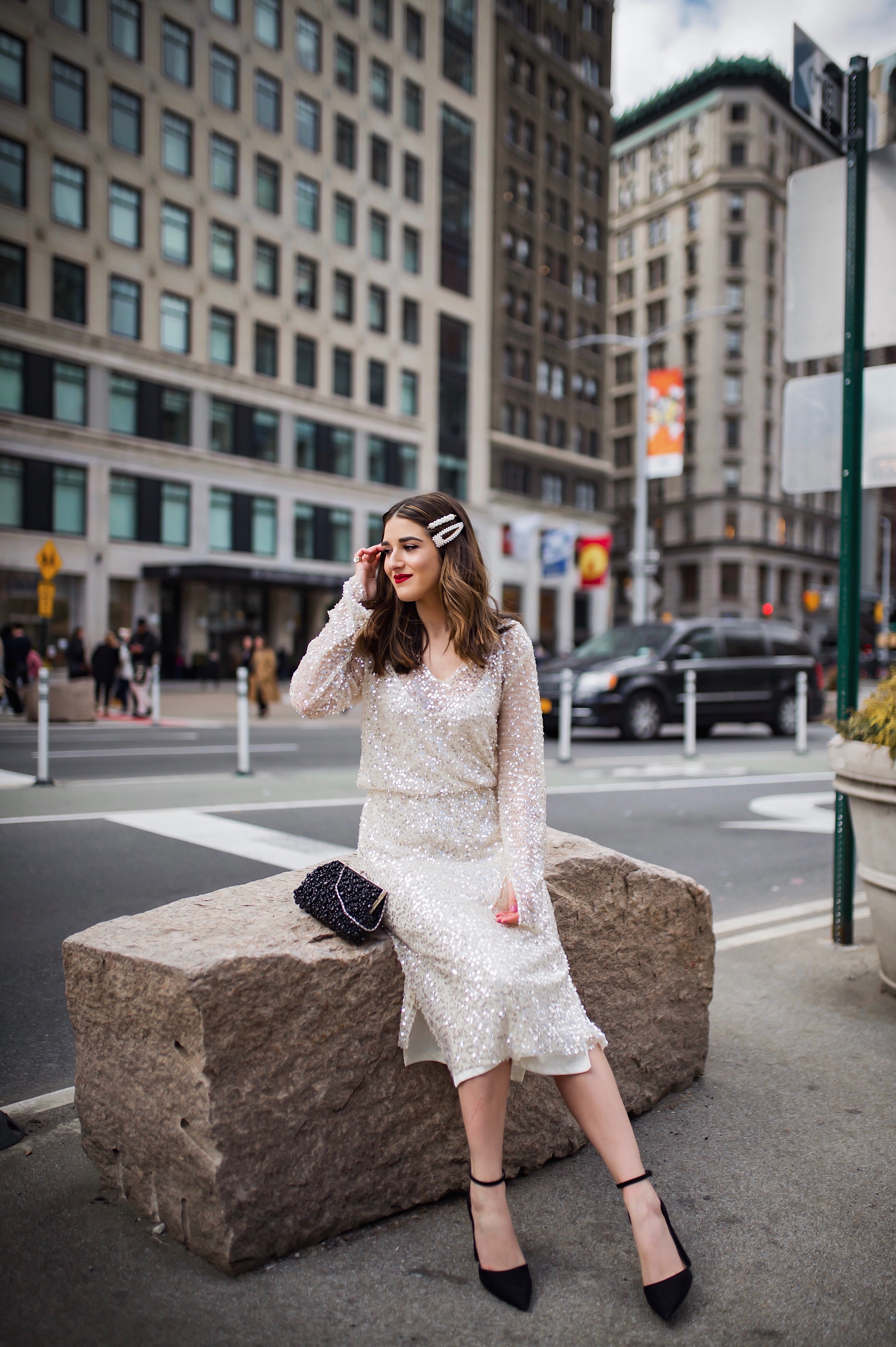 10 Ways To Be An Amazing Houseguest Sequined Midi Dress Black Heels Esther Santer Fashion Blog NYC Street Style Blogger Outfit OOTD Trendy Shopping Girl What How To  Wear Beaded Clutch Pearl Hair Clips Zara Asos Taxi Shot Photoshoot Inspo Bag Pretty.JPG