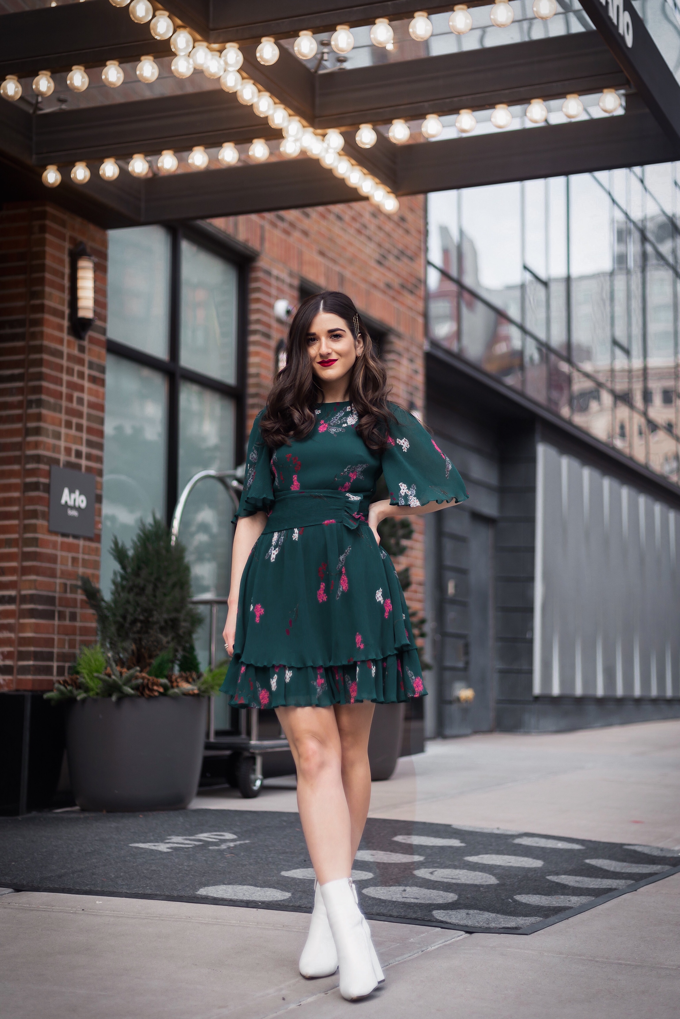 10 NYC Experiences Everyone Should Have Green Floral  Dress White Booties Esther Santer Fashion Blog NYC Street Style Blogger Outfit OOTD Trendy Shopping Girl What How To Wear Bobby Pins Hairstyle Fall Look Butterfly Sleeves Keepsake Label Arlo Soho.JPG