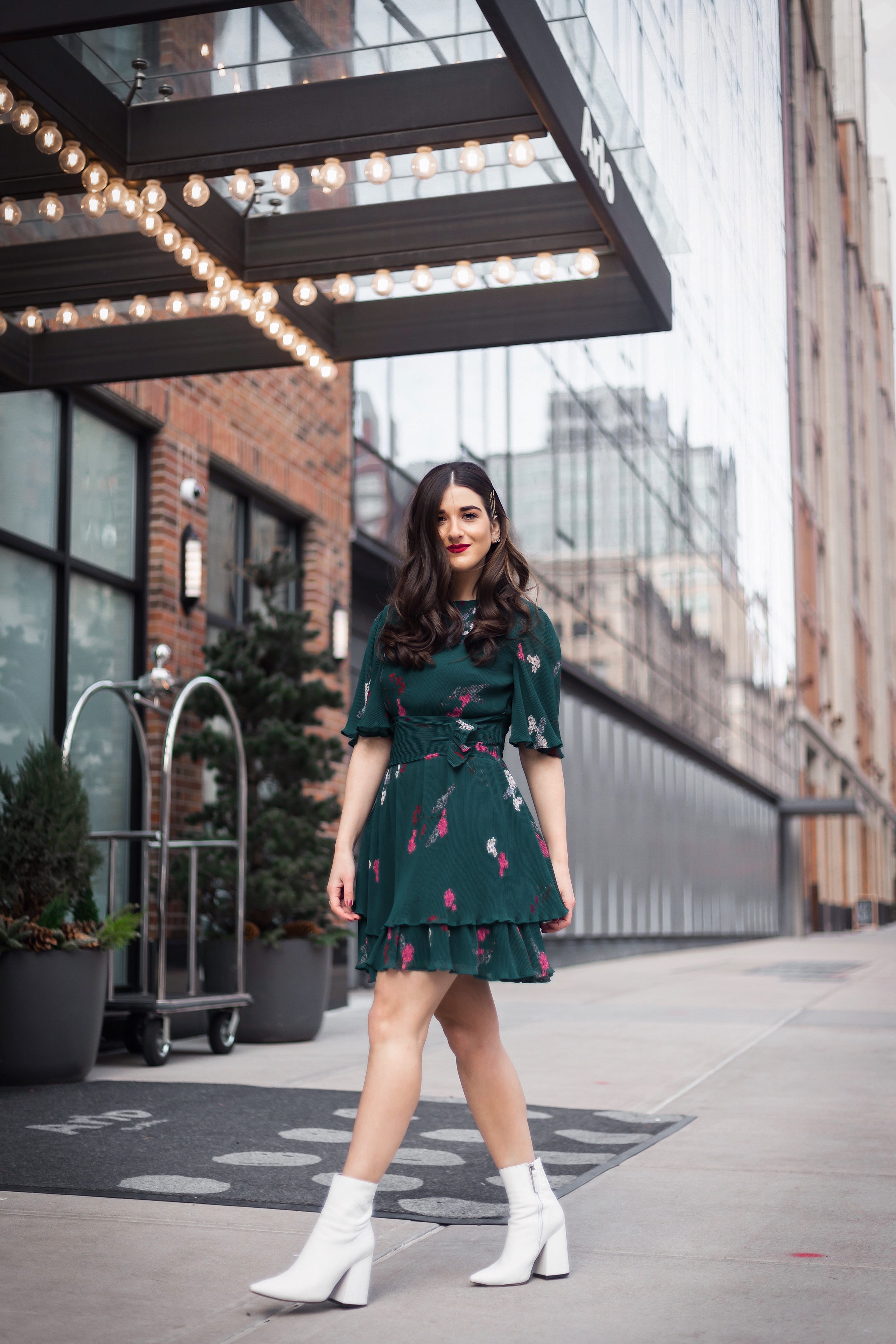 10 NYC Experiences Everyone Should Have Green Floral Dress White Booties Esther Santer Fashion Blog NYC Street Style Blogger Outfit OOTD Trendy Shopping Girl What How To Wear Bobby Pins Hairstyle Fall Look Butterfly Sleeves Keepsake Label Arlo  Soho.JPG