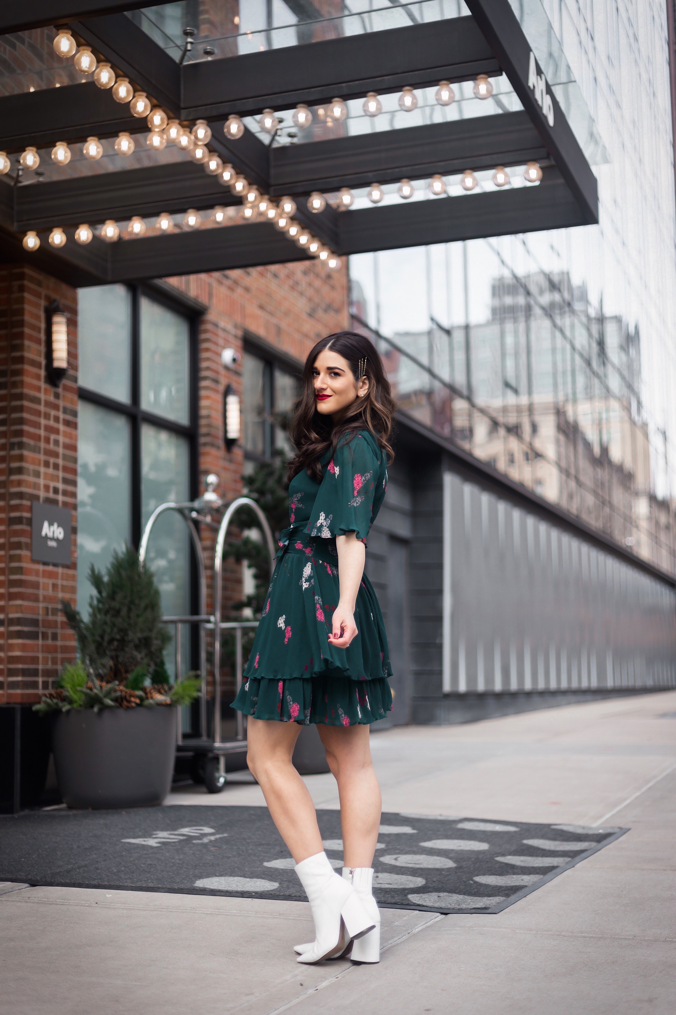 10 NYC Experiences Everyone Should Have Green Floral Dress White Booties Esther Santer Fashion Blog NYC Street Style Blogger Outfit OOTD Trendy Shopping Girl What How To Wear Bobby Pins Hairstyle Fall Look Butterfly Sleeves  Keepsake Label Arlo Soho.JPG