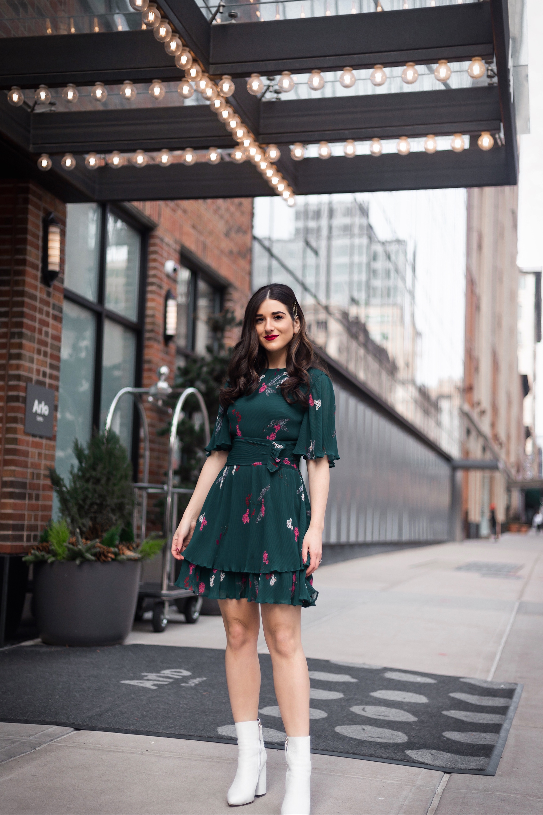 10 NYC Experiences Everyone Should Have Green Floral Dress White Booties Esther Santer Fashion Blog NYC Street Style Blogger Outfit OOTD Trendy Shopping Girl What How To Wear Bobby Pins Hairstyle Fall  Look Butterfly Sleeves Keepsake Label Arlo Soho.JPG