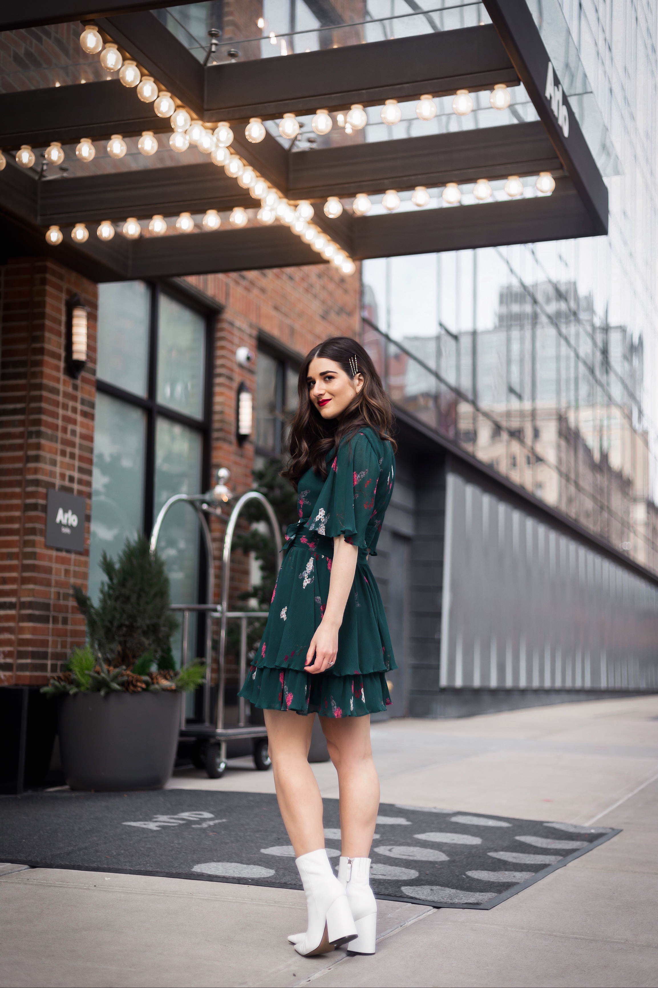 10 NYC  Experiences Everyone Should Have Green Floral Dress White Booties Esther Santer Fashion Blog NYC Street Style Blogger Outfit OOTD Trendy Shopping Girl What How To Wear Bobby Pins Hairstyle Fall Look Butterfly Sleeves Keepsake Label Arlo Soho.JPG