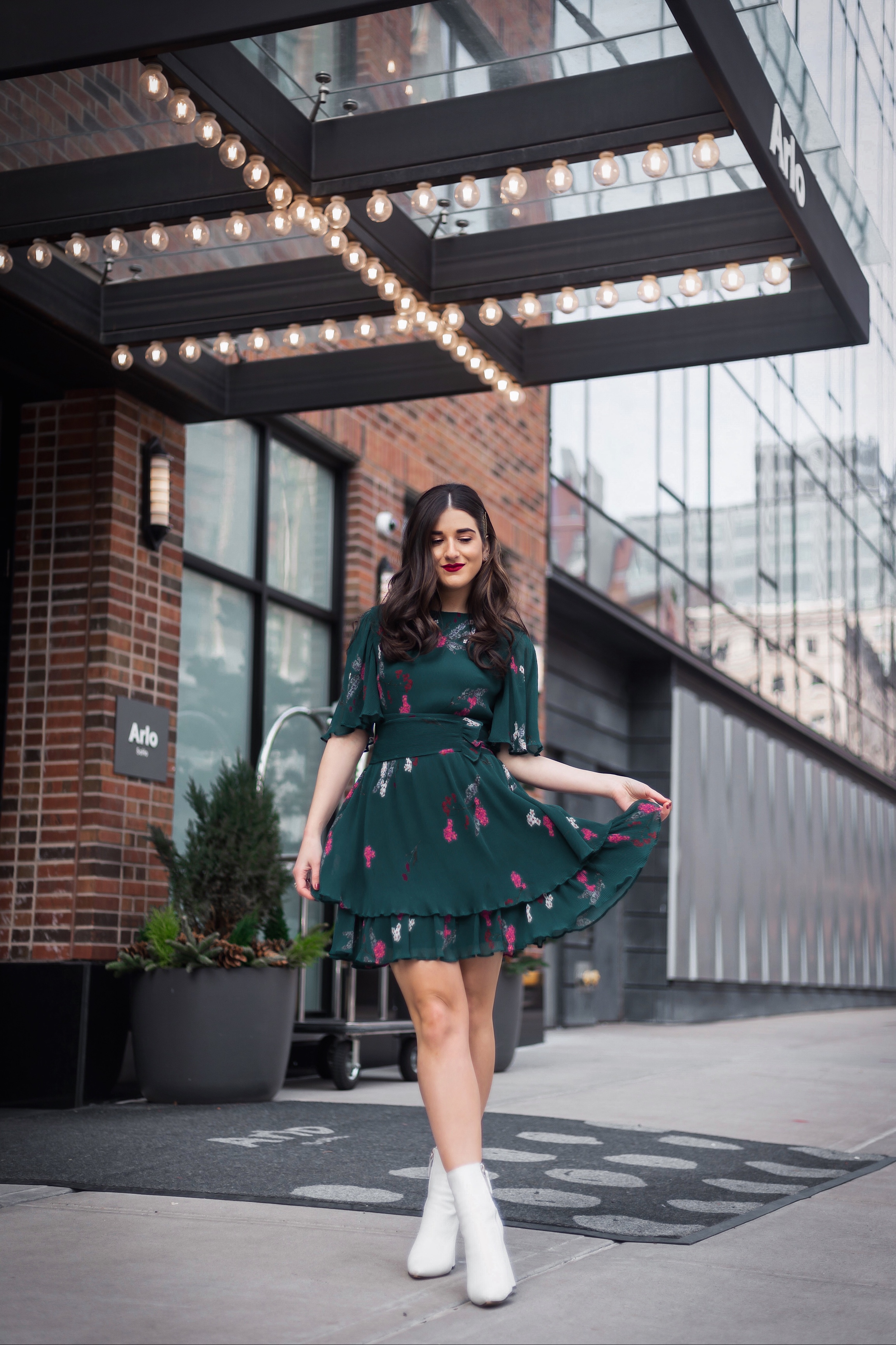 10 NYC Experiences Everyone Should Have Green Floral Dress White Booties Esther Santer Fashion Blog NYC Street Style Blogger Outfit OOTD Trendy Shopping Girl What How To Wear Bobby Pins Hairstyle Fall Look  Butterfly Sleeves Keepsake Label Arlo Soho.JPG