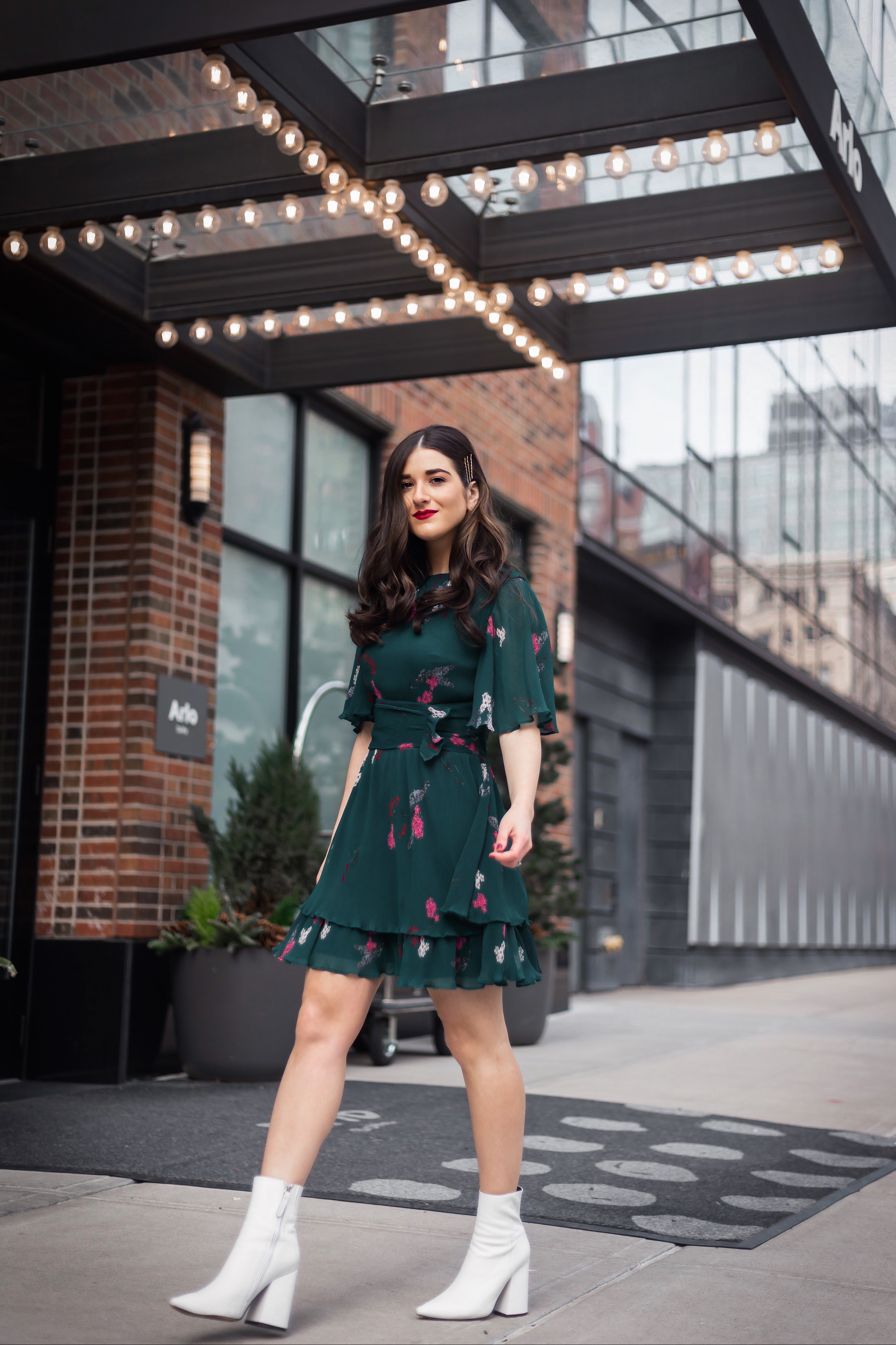 10 NYC Experiences Everyone Should Have Green Floral Dress White Booties Esther Santer Fashion Blog NYC Street Style Blogger Outfit OOTD Trendy Shopping Girl What How To  Wear Bobby Pins Hairstyle Fall Look Butterfly Sleeves Keepsake Label Arlo Soho.JPG