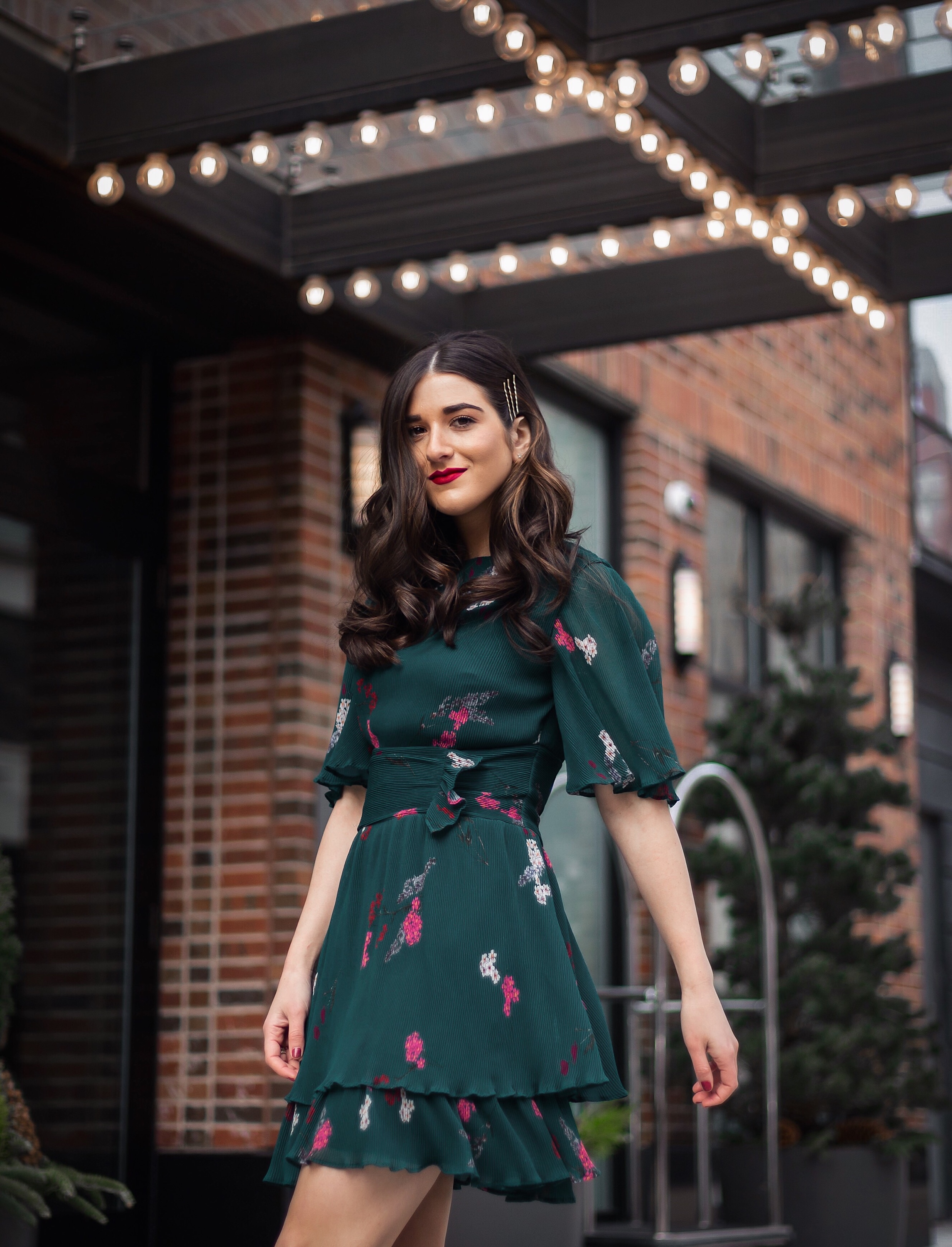 10 NYC Experiences Everyone Should Have Green Floral Dress White Booties Esther Santer Fashion Blog NYC Street Style Blogger Outfit OOTD Trendy  Shopping Girl What How To Wear Bobby Pins Hairstyle Fall Look Butterfly Sleeves Keepsake Label Arlo Soho.JPG