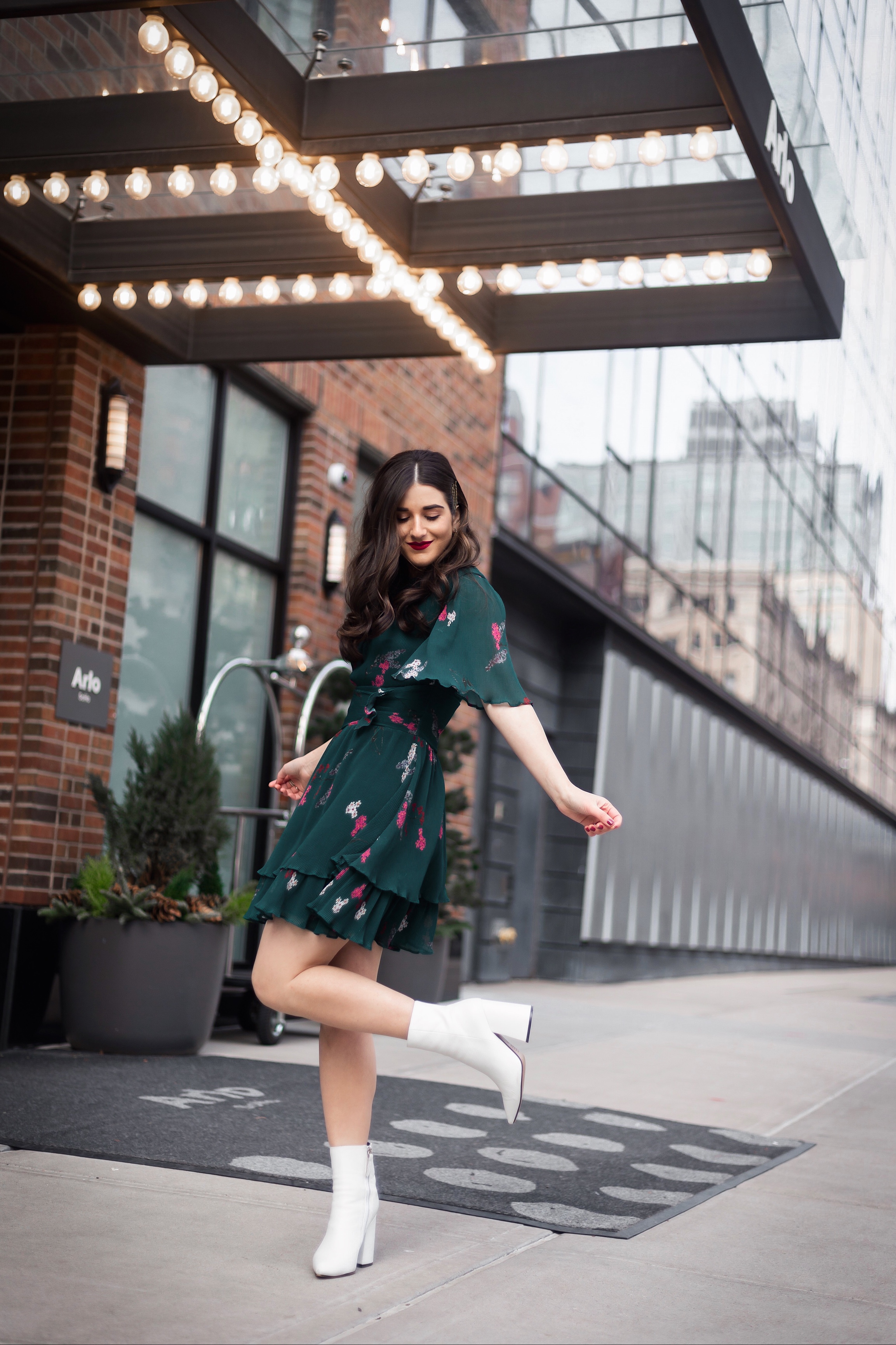 10 NYC Experiences Everyone Should Have Green Floral Dress White Booties Esther Santer Fashion Blog NYC  Street Style Blogger Outfit OOTD Trendy Shopping Girl What How To Wear Bobby Pins Hairstyle Fall Look Butterfly Sleeves Keepsake Label Arlo Soho.JPG