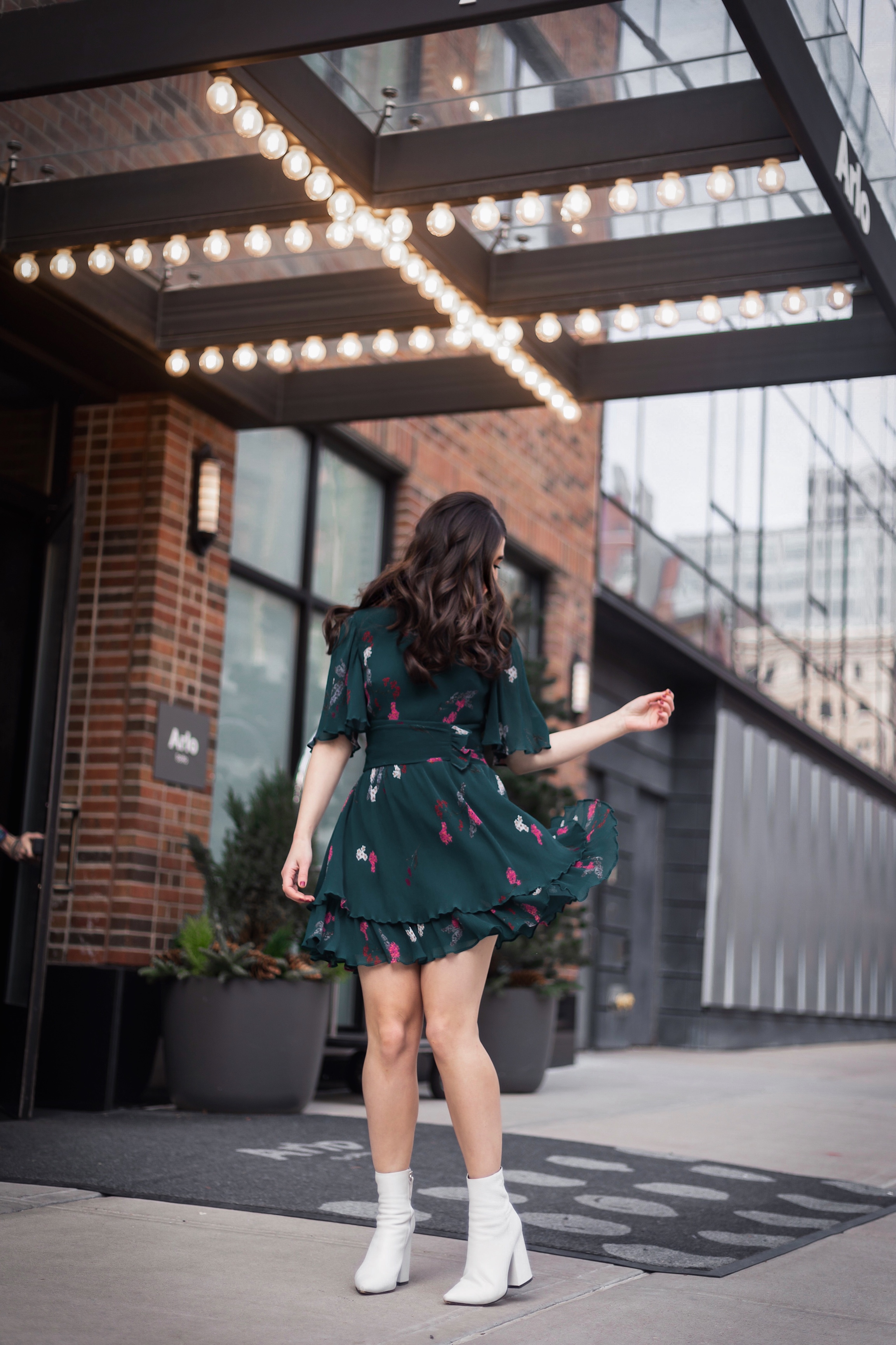 10 NYC Experiences Everyone Should Have Green Floral Dress White Booties Esther Santer Fashion Blog NYC Street Style Blogger Outfit OOTD Trendy Shopping Girl What How To Wear Bobby Pins Hairstyle Fall Look Butterfly Sleeves Keepsake Label Arlo Soho.JPG