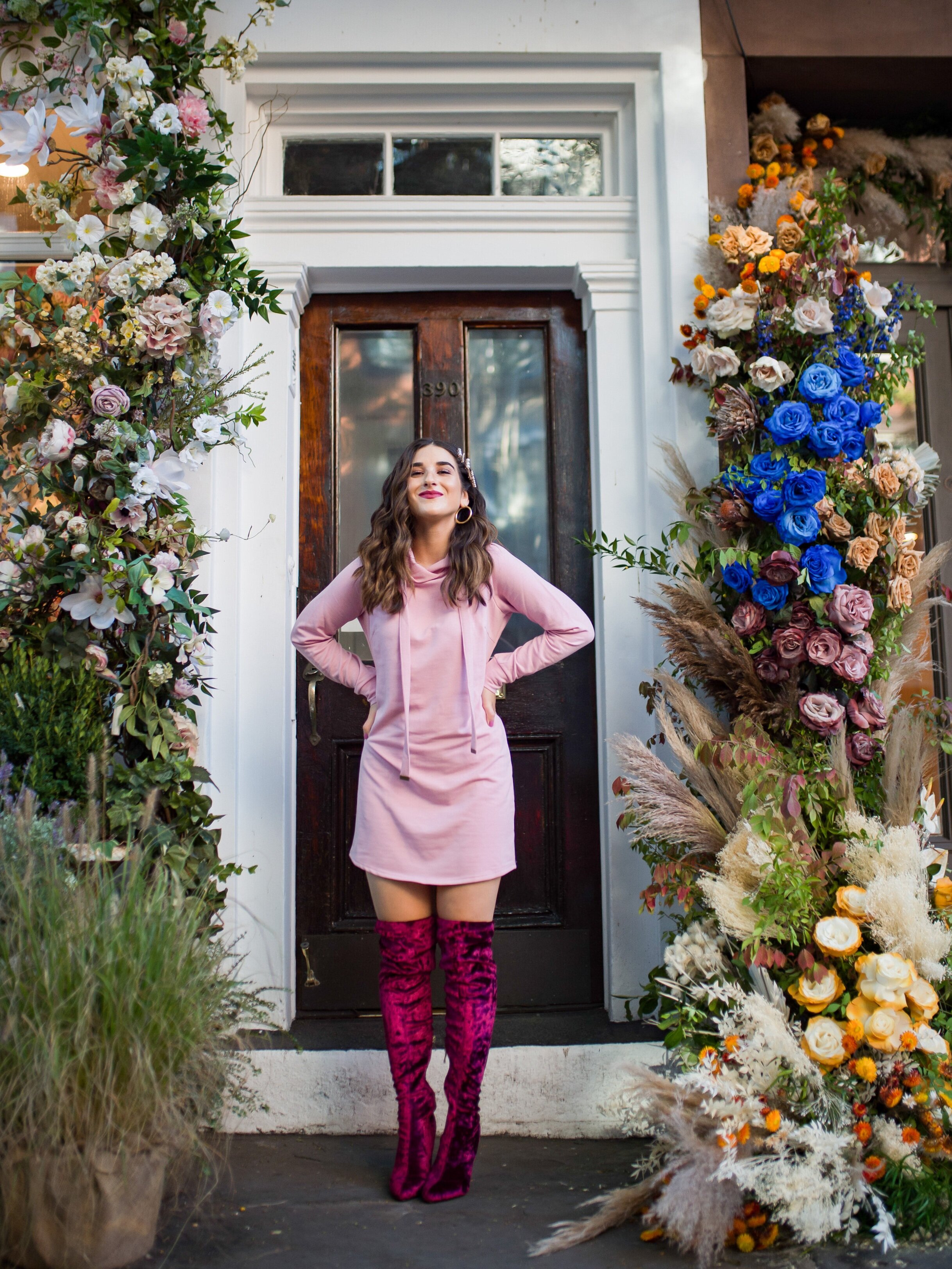 Pink Sweatshirt Dress Velvet OTK Boots Walmart Fashion Esther Santer Fashion Blog NYC Street Style Blogger Outfit OOTD Trendy Shopping Girl What How To Wear Hair Accessories Jewel Clips Fall Winter Styling Maroon Shoes Floral Backdrop Steal Affordable.jpg