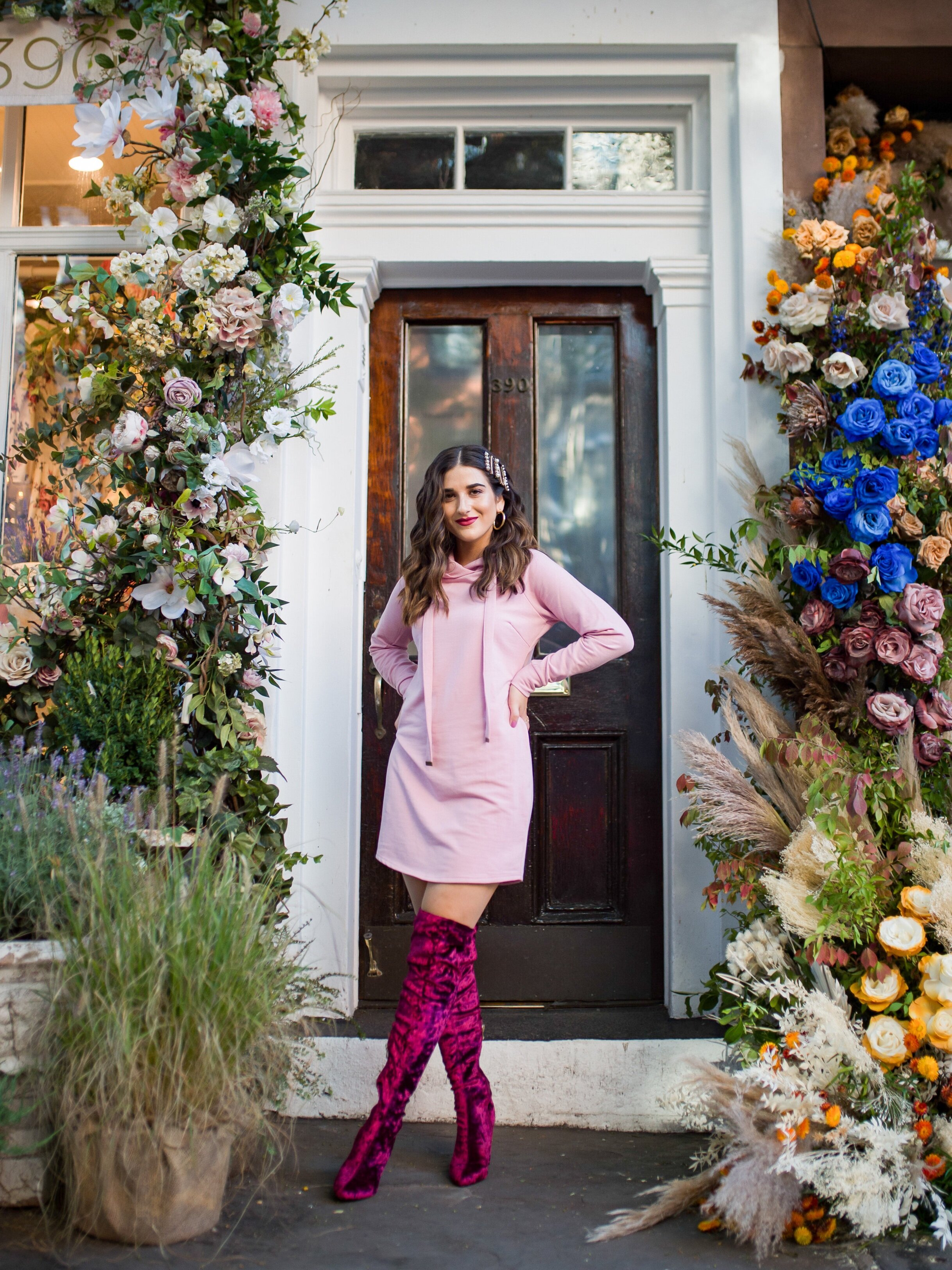 Pink Sweatshirt Dress Velvet OTK Boots Walmart Fashion Esther Santer Fashion Blog NYC Street Style Blogger Outfit OOTD Trendy Shopping Girl What How To Wear Hair Accessories Jewel Clips Fall Winter Styling Affordable Maroon Shoes Floral Backdrop  Sale.jpg