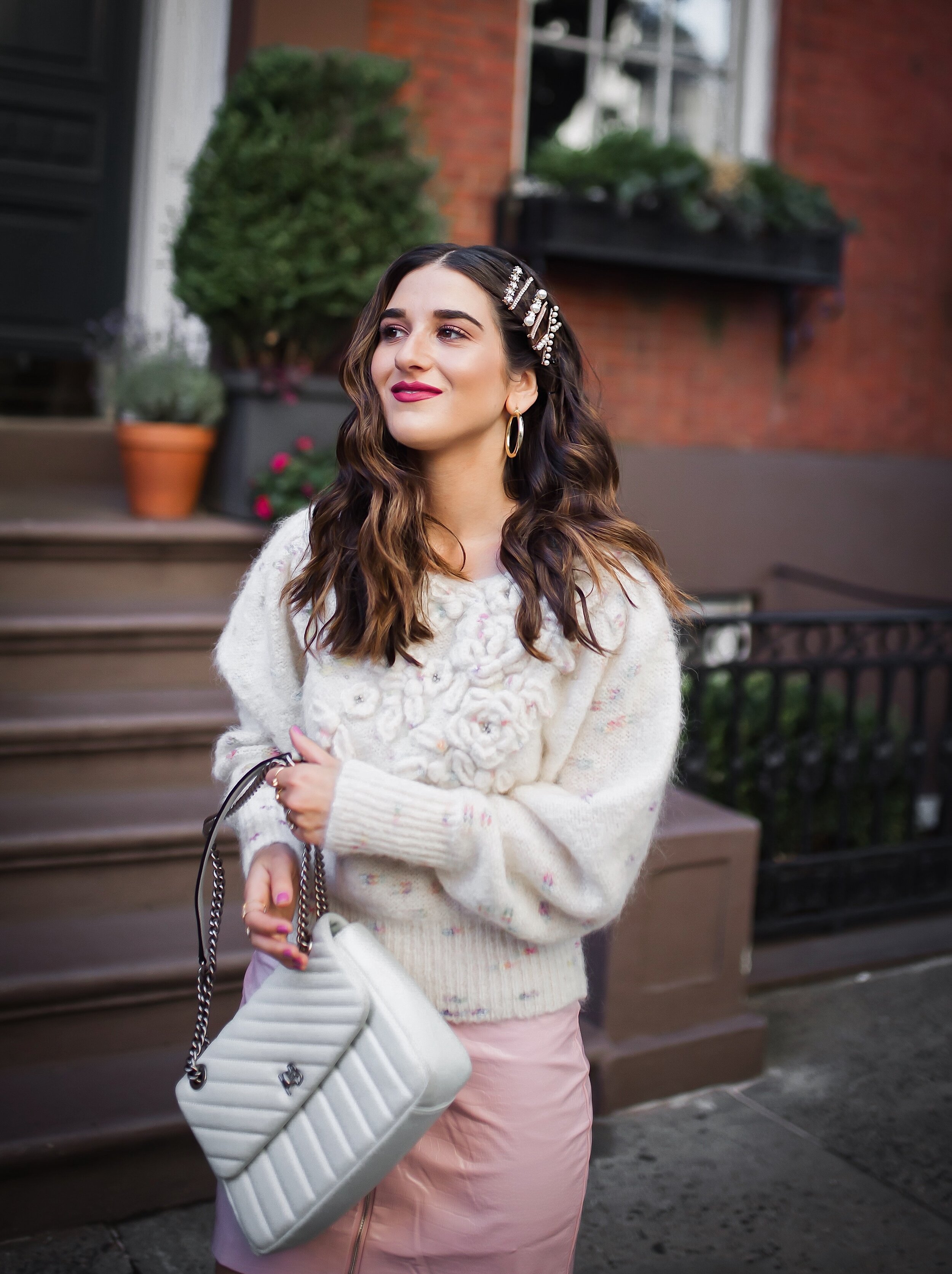 We Always Adapt Floral Embroidered Cream Sweater Pink Zipper Skirt Esther Santer Fashion Blog NYC Street Style Blogger Outfit OOTD Trendy Shopping Girl What How To  Wear West Village Photoshoot Inspo Ideas Fall Winter Accessories Pins Clips Gold Hoops.JPG