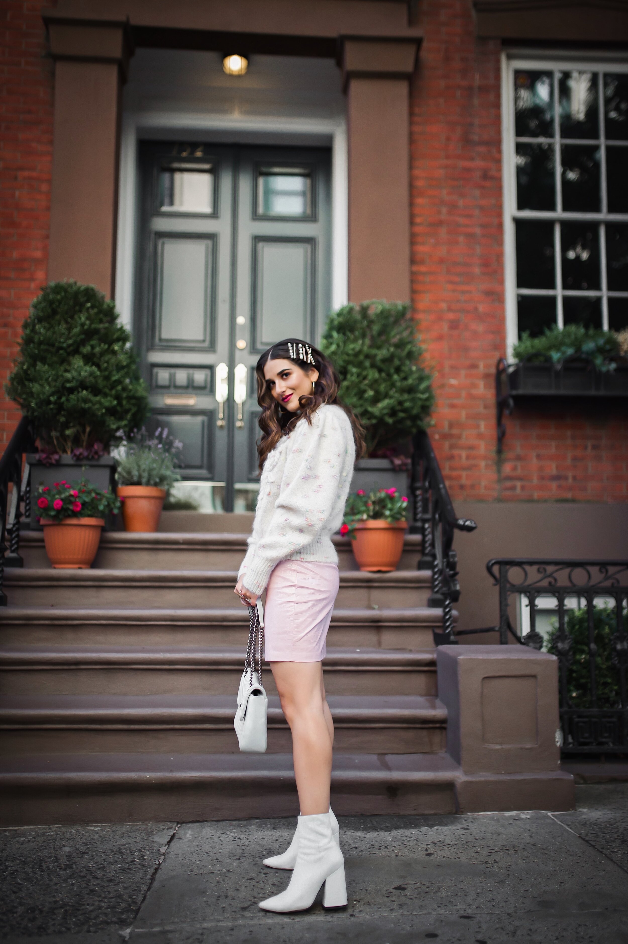 We Always Adapt Floral Embroidered Cream Sweater Pink Zipper Skirt Esther Santer Fashion Blog NYC Street Style Blogger Outfit OOTD Trendy Shopping Girl What How To Wear West Village Photoshoot Inspo Ideas Fall Winter Accessories Pins Clips Gold Hoops.JPG