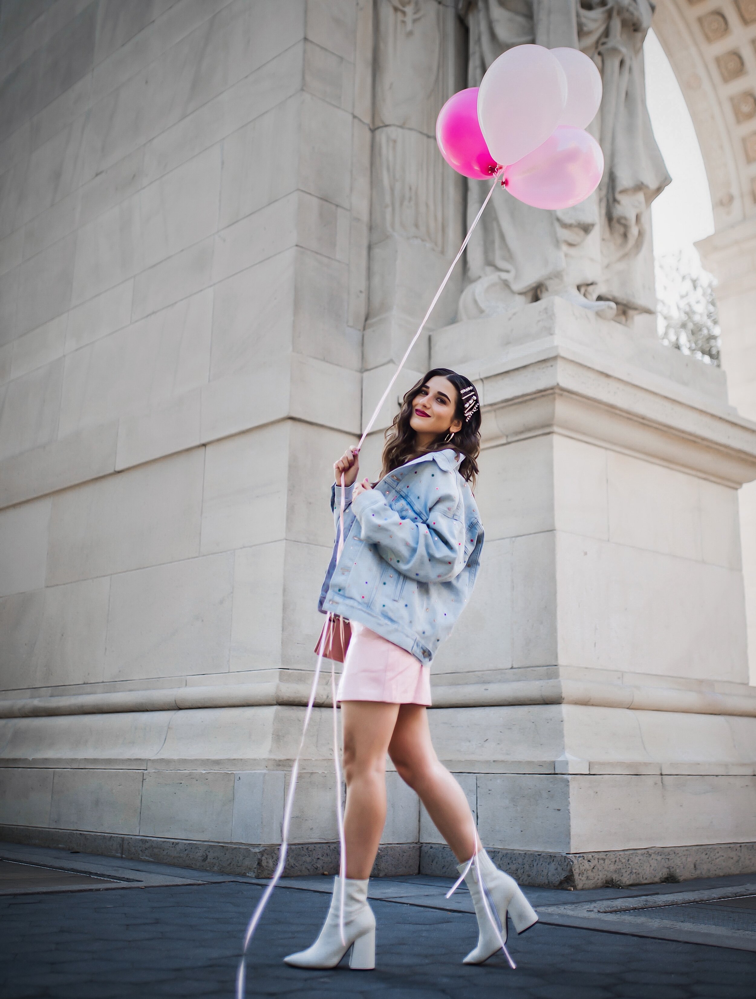 The Final Year Of My 20's Happy 29th Birthday Esther Santer NYC Street Style Blogger White Booties Trend Jeweled Jean  Jacket Levis Denim Pink Balooons Leather Skirt Hair Clips Accessories Pastel Blue Shoes New Yoek City Inspo Shoot Washington Square.JPG