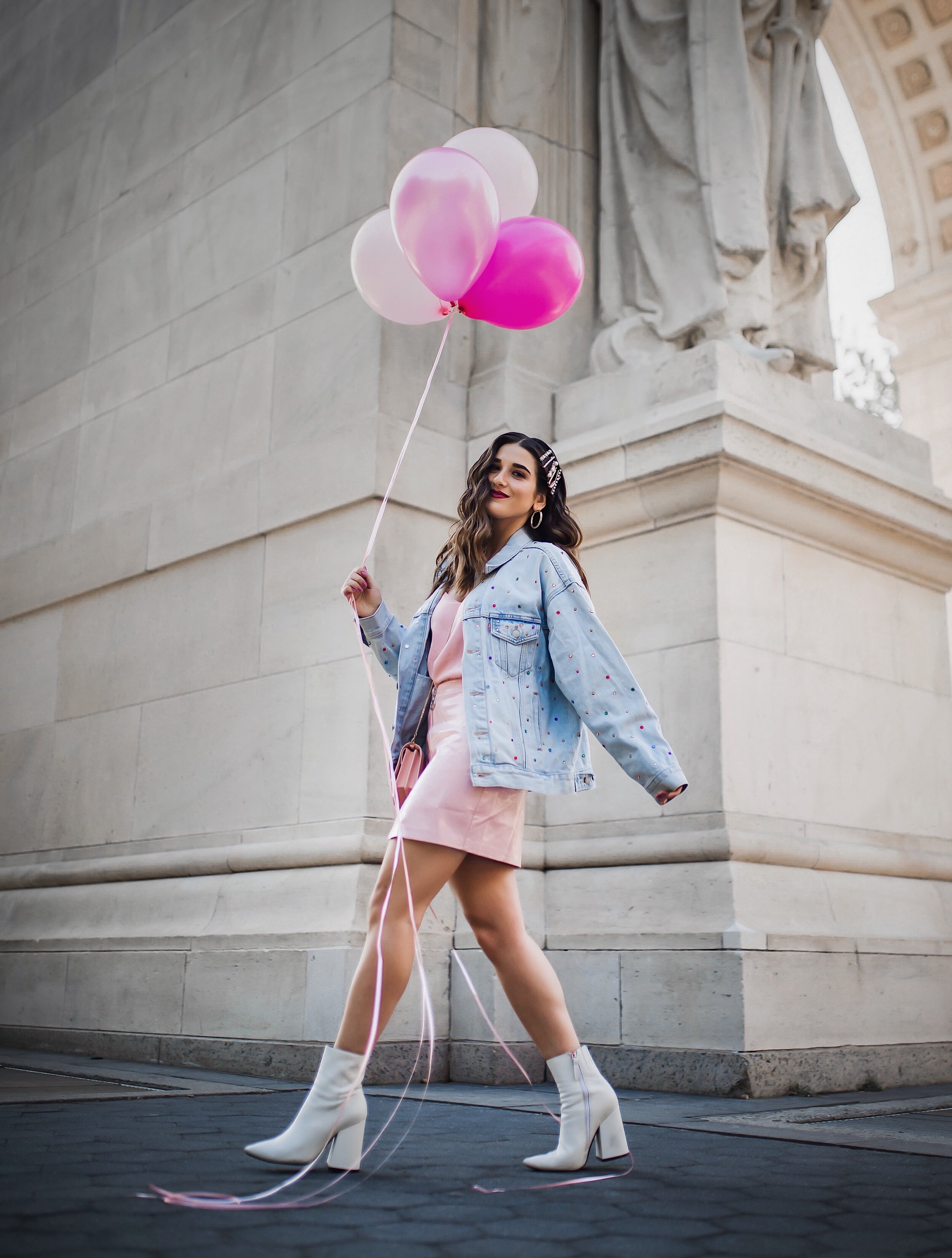 The Final Year Of My 20's Happy 29th Birthday Esther Santer NYC Street Style Blogger White Booties Trend Jeweled Jean Jacket Levis Denim Pink Balooons Leather Skirt Hair Clips Accessories Pastel Blue Shoes New Yoek City Inspo Shoot Washington Square.JPG