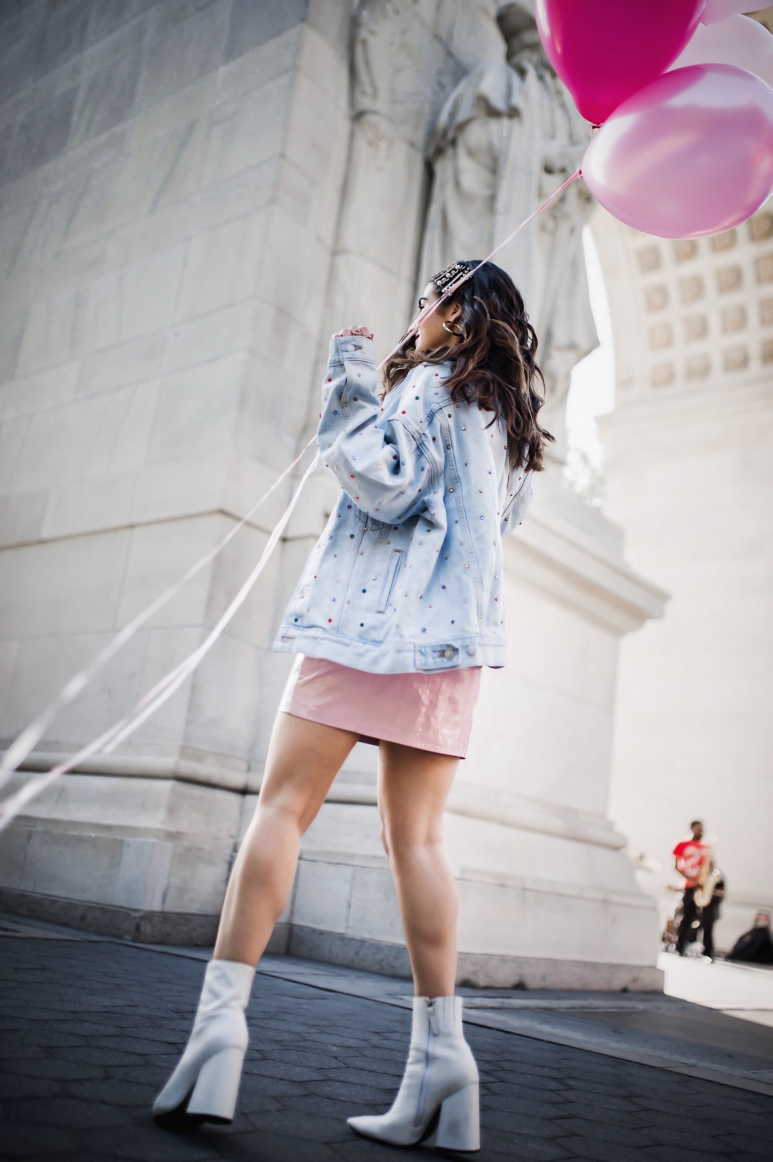 The Final Year Of My 20's Happy 29th Birthday Esther Santer NYC Street Style Blogger White Booties Trend Jeweled Jean Jacket Levis Denim Pink Balooons Leather Skirt Hair Clips Accessories Pastel Blue Shoes New Yoek City Inspo Shoot Washington  Square.JPG