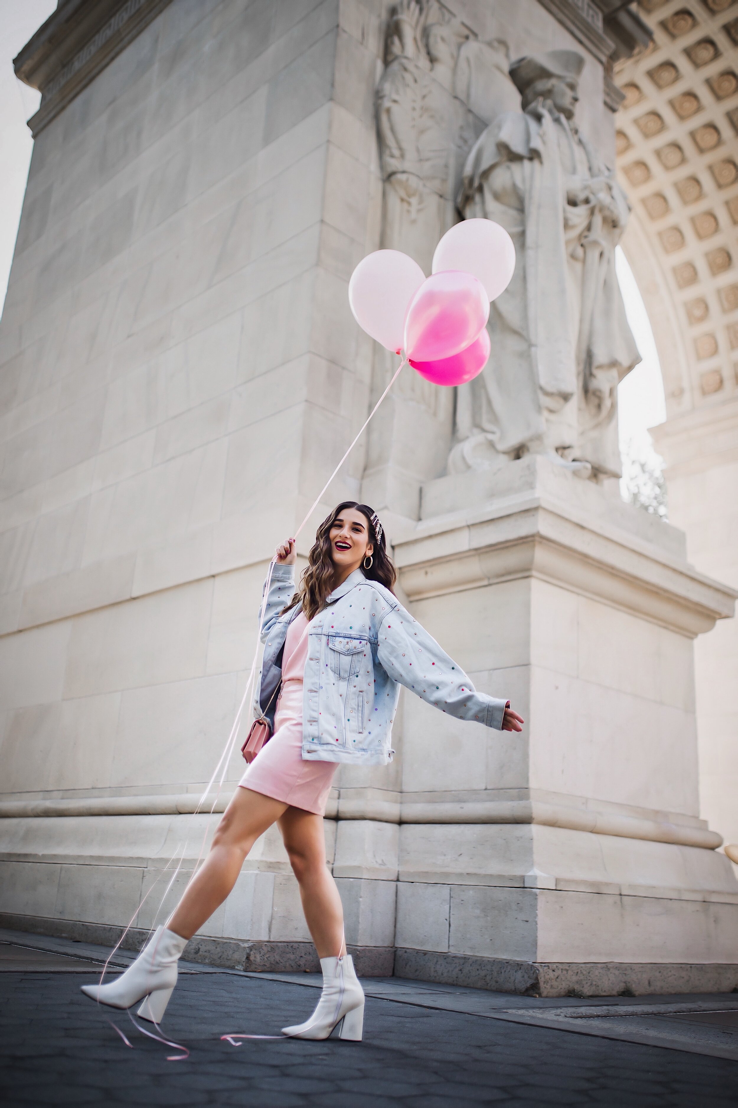 The Final Year Of My 20's Happy 29th Birthday Esther Santer NYC Street Style Blogger White Booties Trend Jeweled Jean Jacket Levis Denim Pink Balooons Leather Skirt Hair Clips Accessories Pastel Blue Shoes New Yoek City Inspo  Shoot Washington Square.JPG