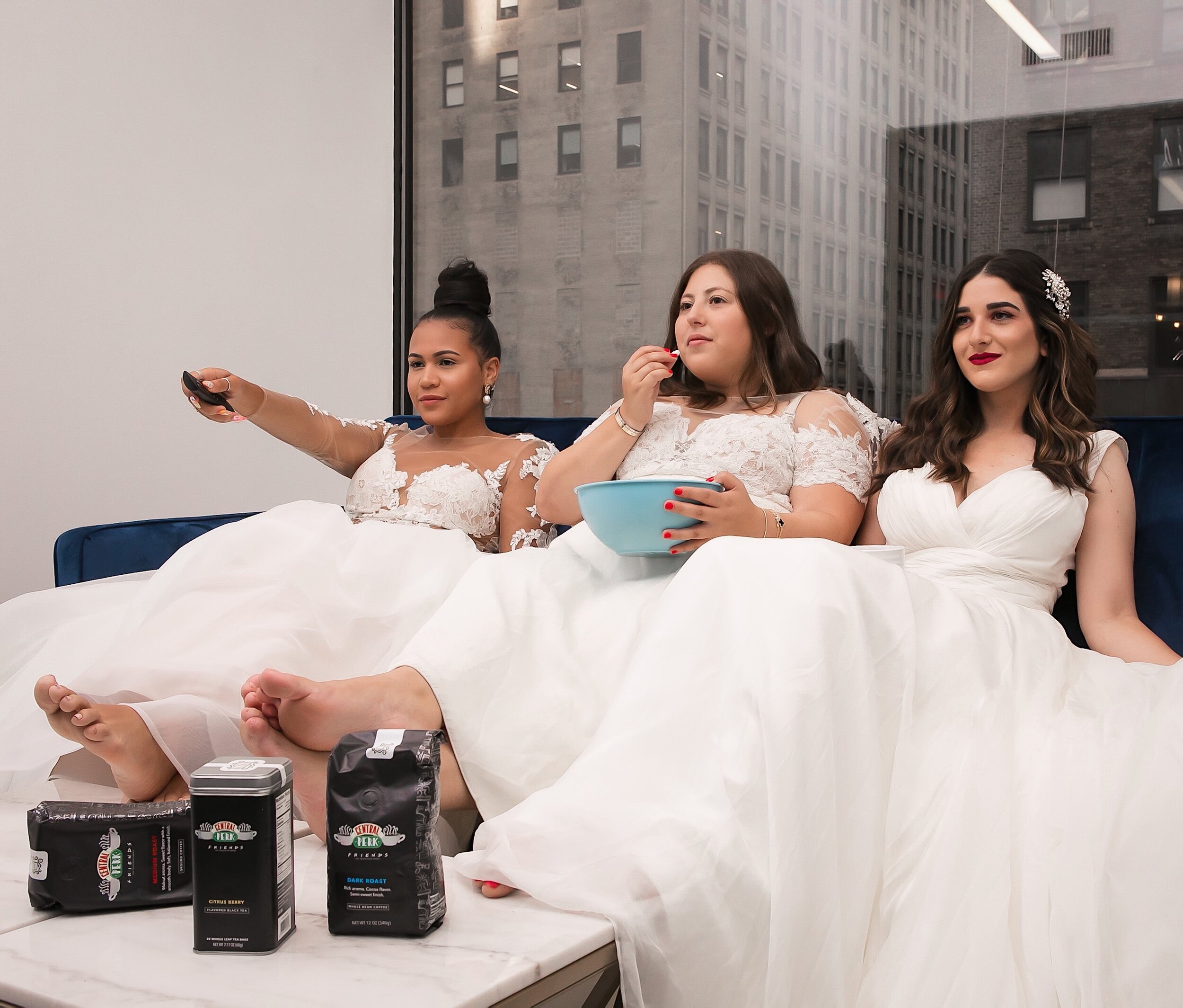 Recreating A Scene From Friends How To Plan A Group Photoshoot Esther Santer NYC Blogging Photoshoot Wedding Dresses Gowns White Rachel Monica Phoebe Popcorn Coffee Movie Night Funny Cosplay Bridal Hair Pretty Beautiful Girls Women Beer Style Trend.JPG