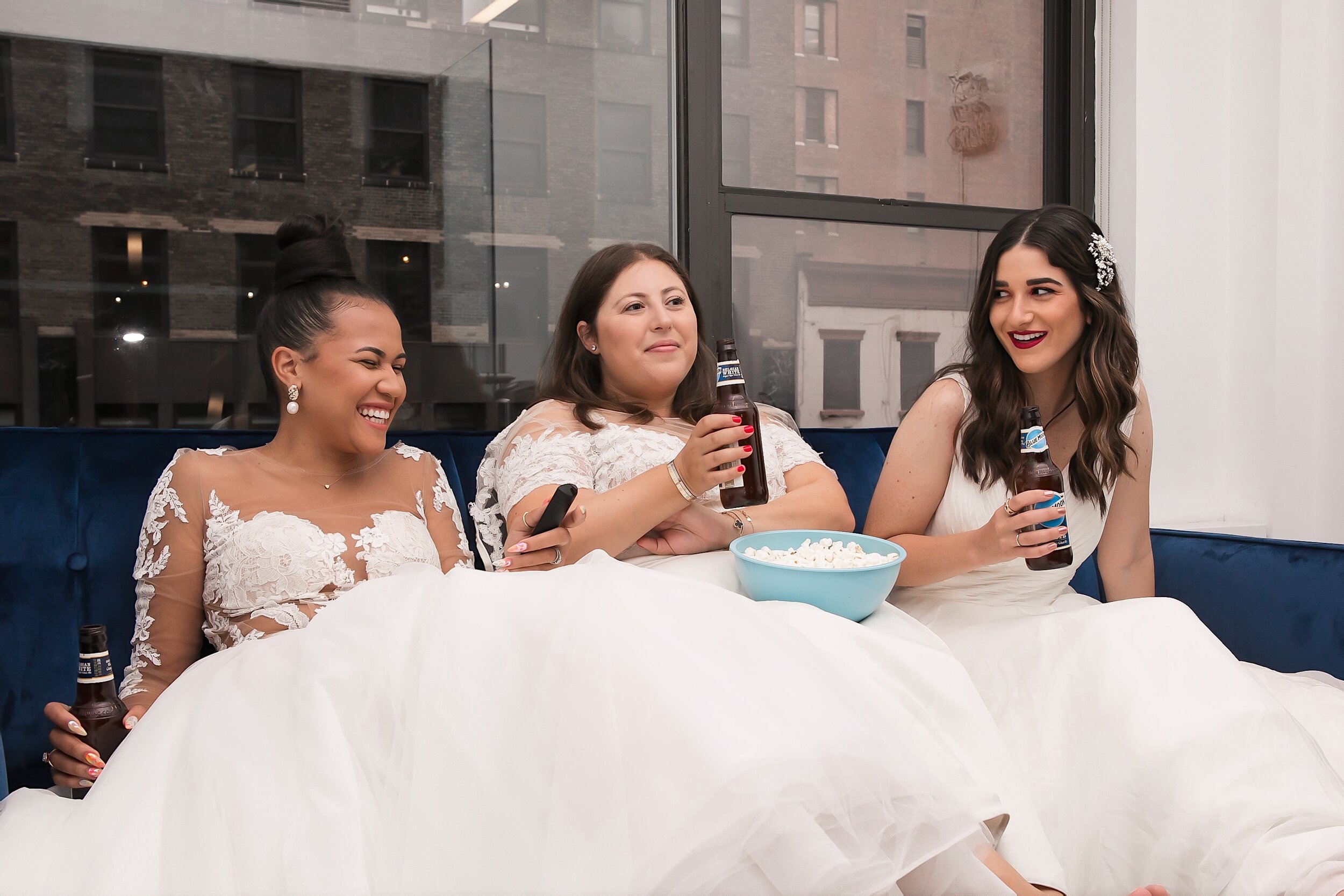 Recreating A Scene From Friends How To Plan A Group Photoshoot Esther Santer NYC Blogging Photoshoot Wedding Dresses Gowns White Rachel Monica Phoebe Popcorn Coffee Movie Night Funny Cosplay Bridal Hair Pretty Beautiful Girls  Women Beer Style Trend.JPG