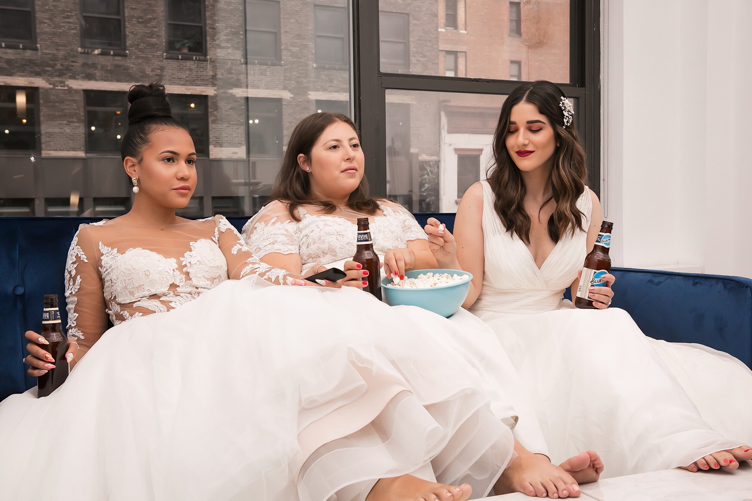 Recreating A Scene From Friends How To Plan A Group Photoshoot Esther Santer NYC Blogging Photoshoot Wedding Dresses Gowns White Rachel Monica Phoebe Popcorn Coffee Movie Night Funny Cosplay Bridal Hair Pretty Beautiful  Girls Women Beer Style Trend.JPG