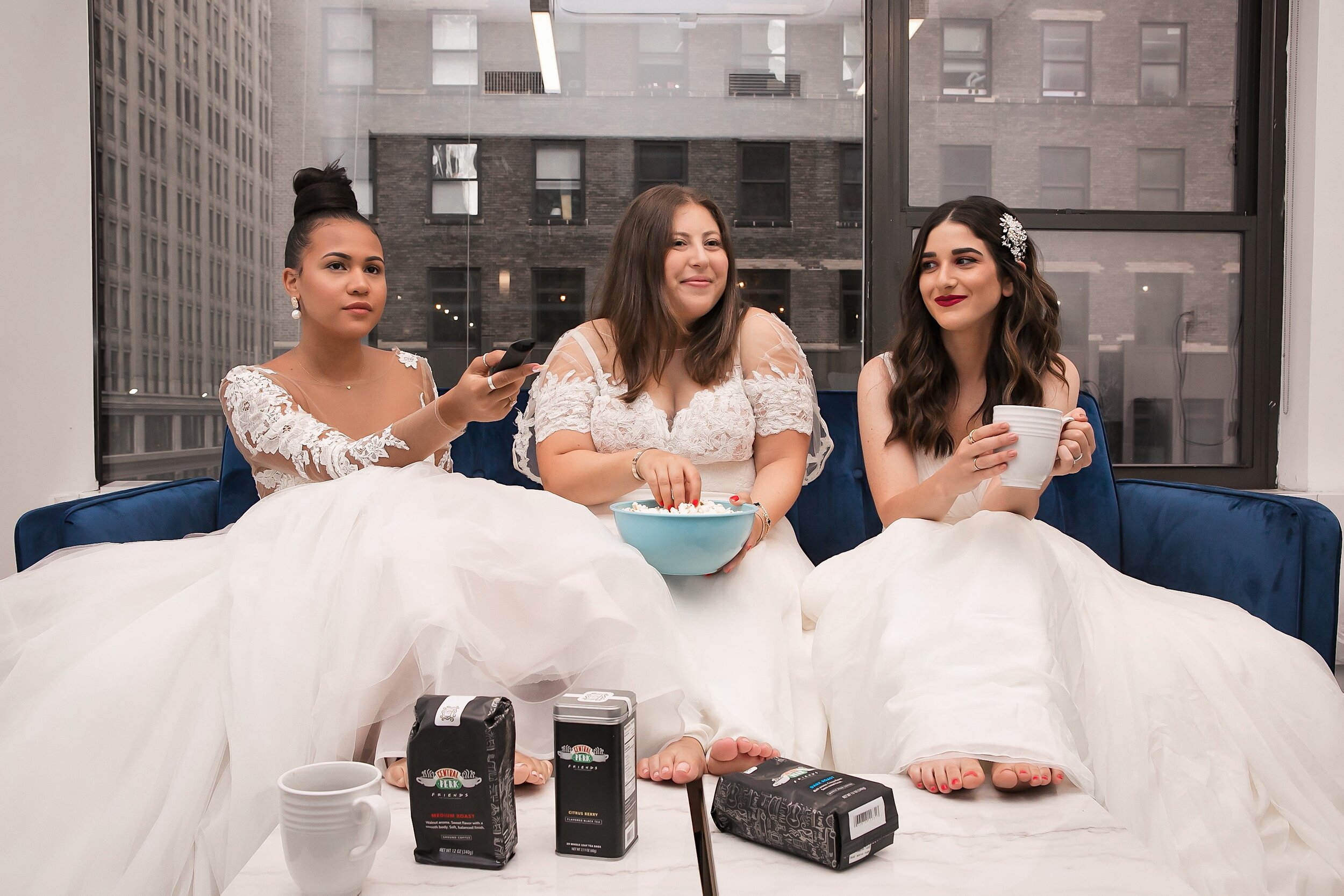 Recreating A Scene From Friends How To Plan A Group Photoshoot Esther Santer NYC Blogging Photoshoot Wedding Dresses Gowns White Rachel Monica Phoebe Popcorn Coffee Movie Night Funny Cosplay Bridal Hair Pretty Beautiful Girls Women Beer  Style Trend.JPG