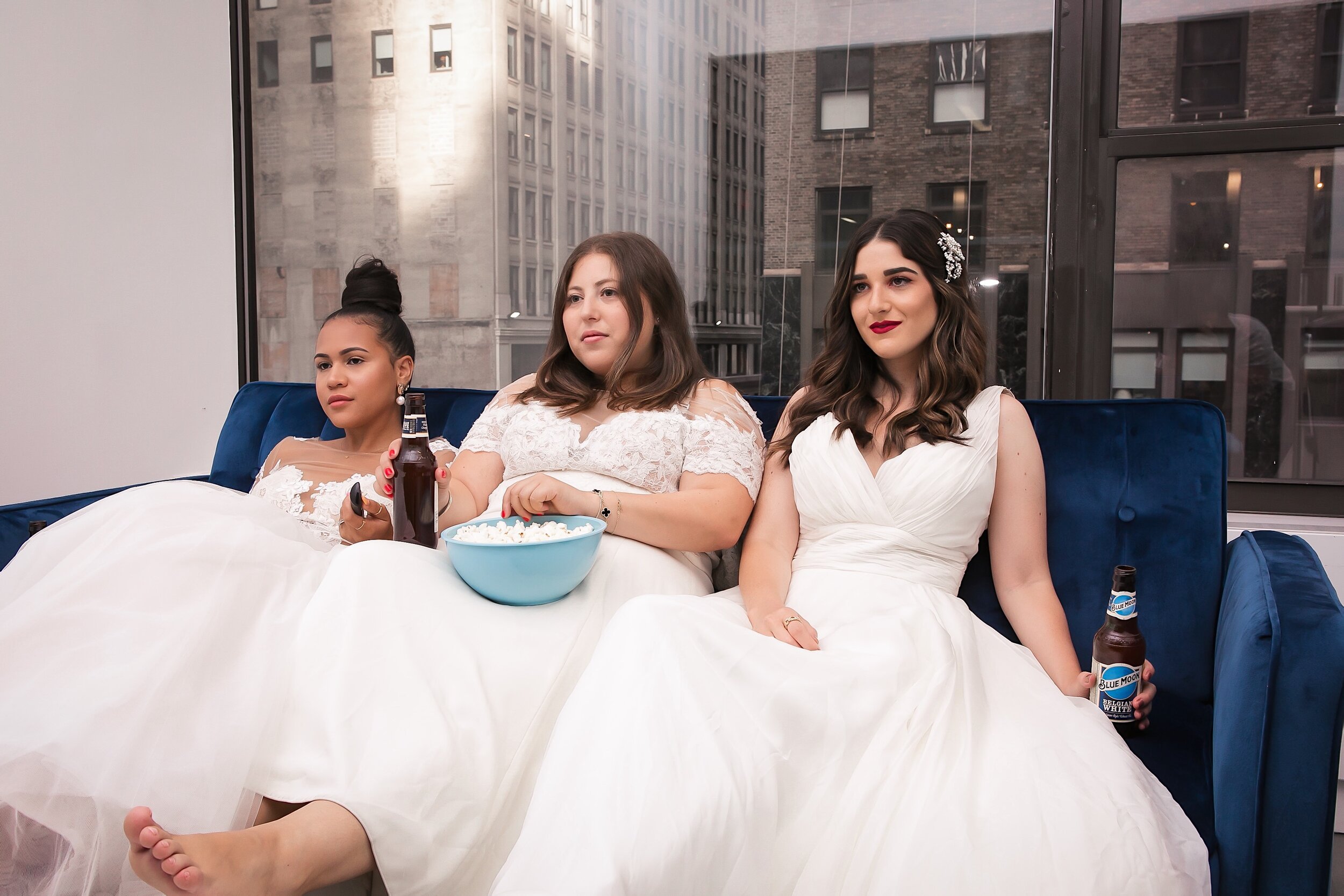 Recreating A Scene From Friends How To Plan A Group Photoshoot Esther Santer NYC Blogging Photoshoot Wedding Dresses Gowns White Rachel Monica Phoebe Popcorn Coffee Movie Night Funny  Cosplay Bridal Hair Pretty Beautiful  Girls Women Beer Style Trend.JPG