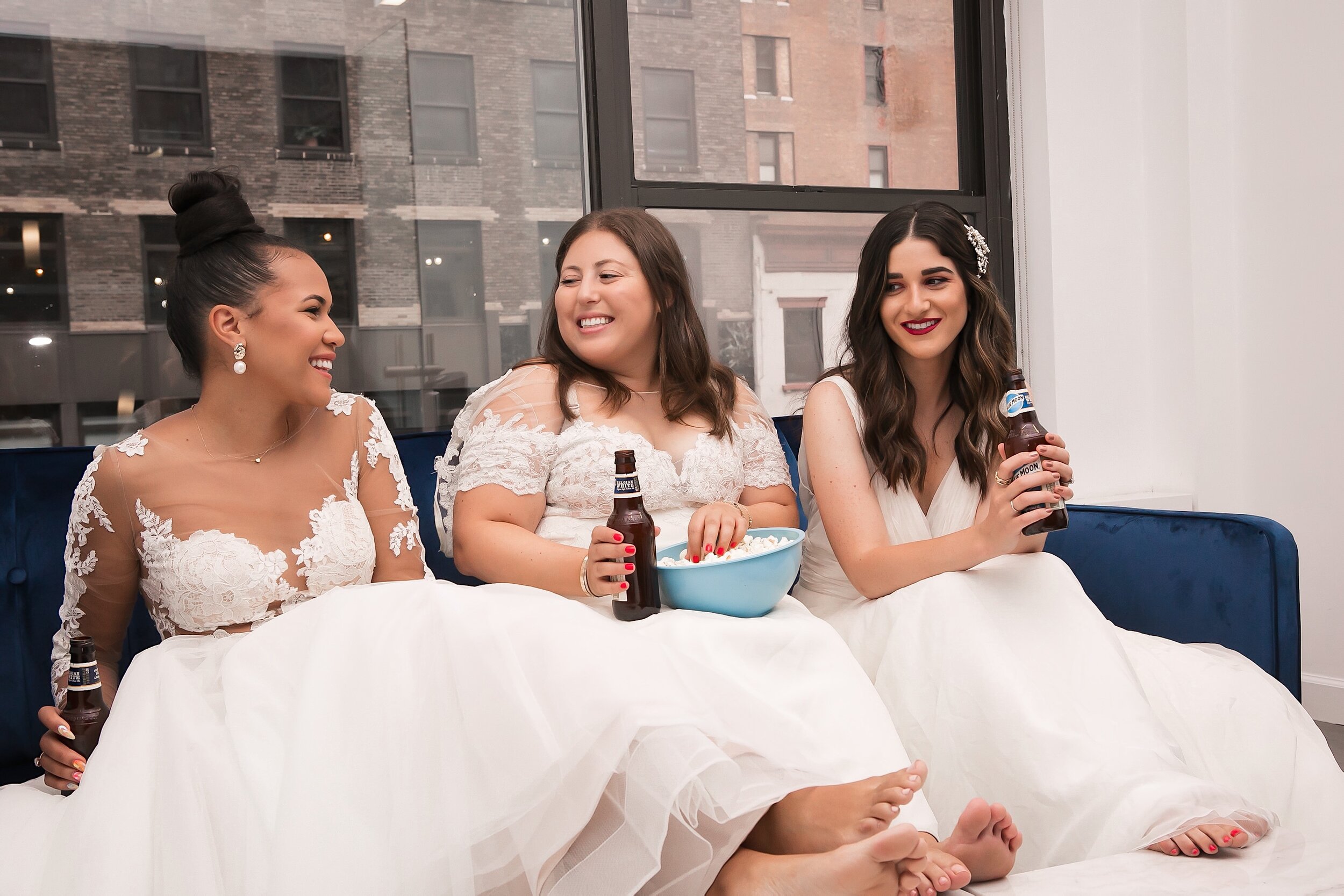 Recreating A Scene From Friends How To Plan A Group Photoshoot Esther Santer NYC Blogging Photoshoot Wedding Dresses Gowns White Rachel Monica Phoebe Popcorn Coffee Movie Night Funny Cosplay Bridal Hair Pretty Beautiful Girls Women  Beer Style Trend.JPG