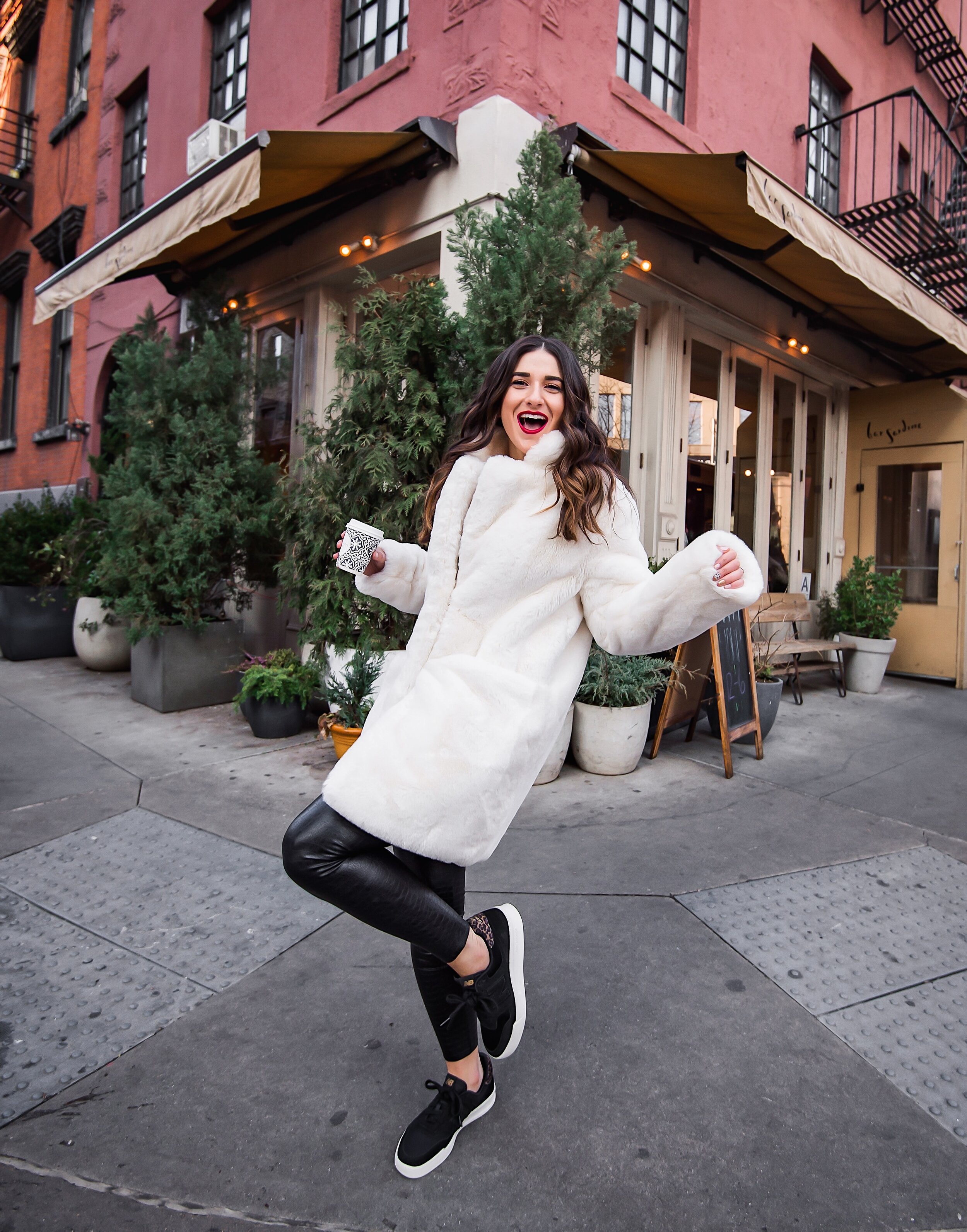 White Fur Coat Black Snakeskin Leggings Esther Santer NYC Street Style Fashion Blog Winter Outfit OOTD Faux Fur Commando Nordstrom Maman Coffee Happy Girl Women Shopping Buy Red Lipstick Taxi Photography Manhattan Comfortable West Village Location.JPG