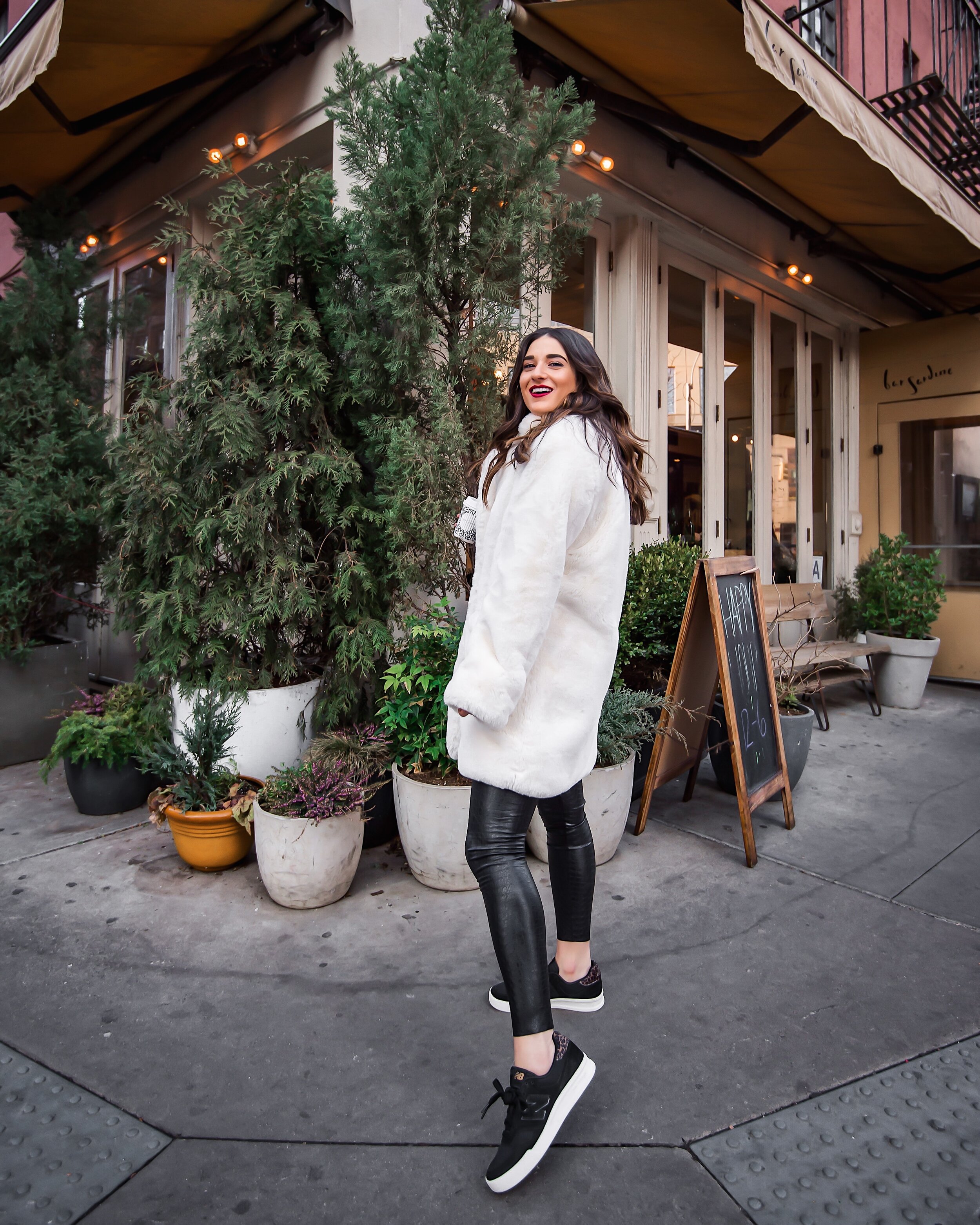 White Fur Coat Black Snakeskin Leggings Esther Santer NYC Street Style Fashion Blog Winter Outfit OOTD  Faux Fur Commando Nordstrom Maman Coffee Happy Girl Women Shopping Buy Red Lipstick Taxi Photography Manhattan Comfortable West Village Location.JPG