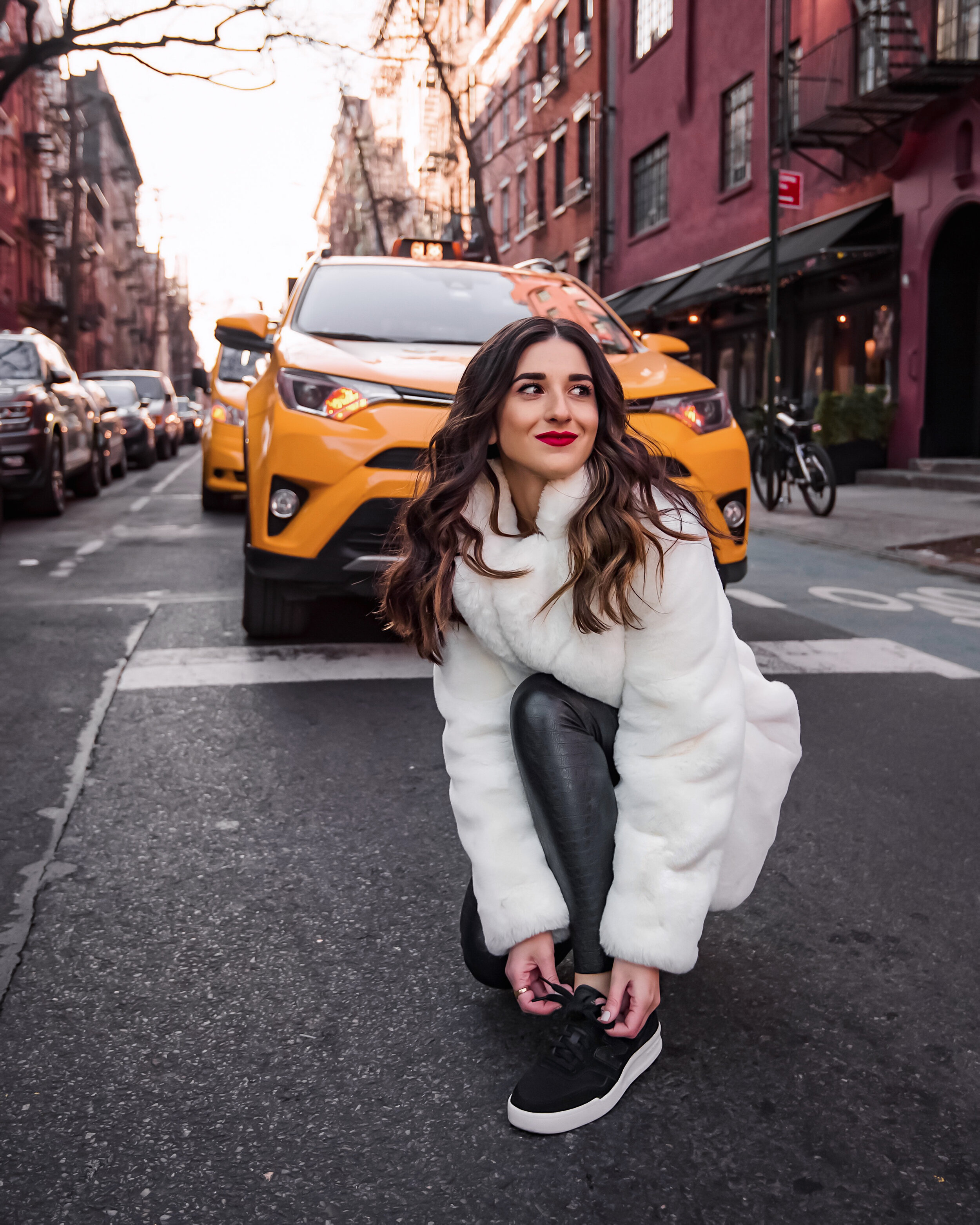 White Fur Coat Black  Snakeskin Leggings Esther Santer NYC Street Style Fashion Blog Winter Outfit OOTD Faux Fur Commando Nordstrom Maman Coffee Happy Girl Women Shopping Buy Red Lipstick Taxi Photography Manhattan Comfortable West Village Location.JPG