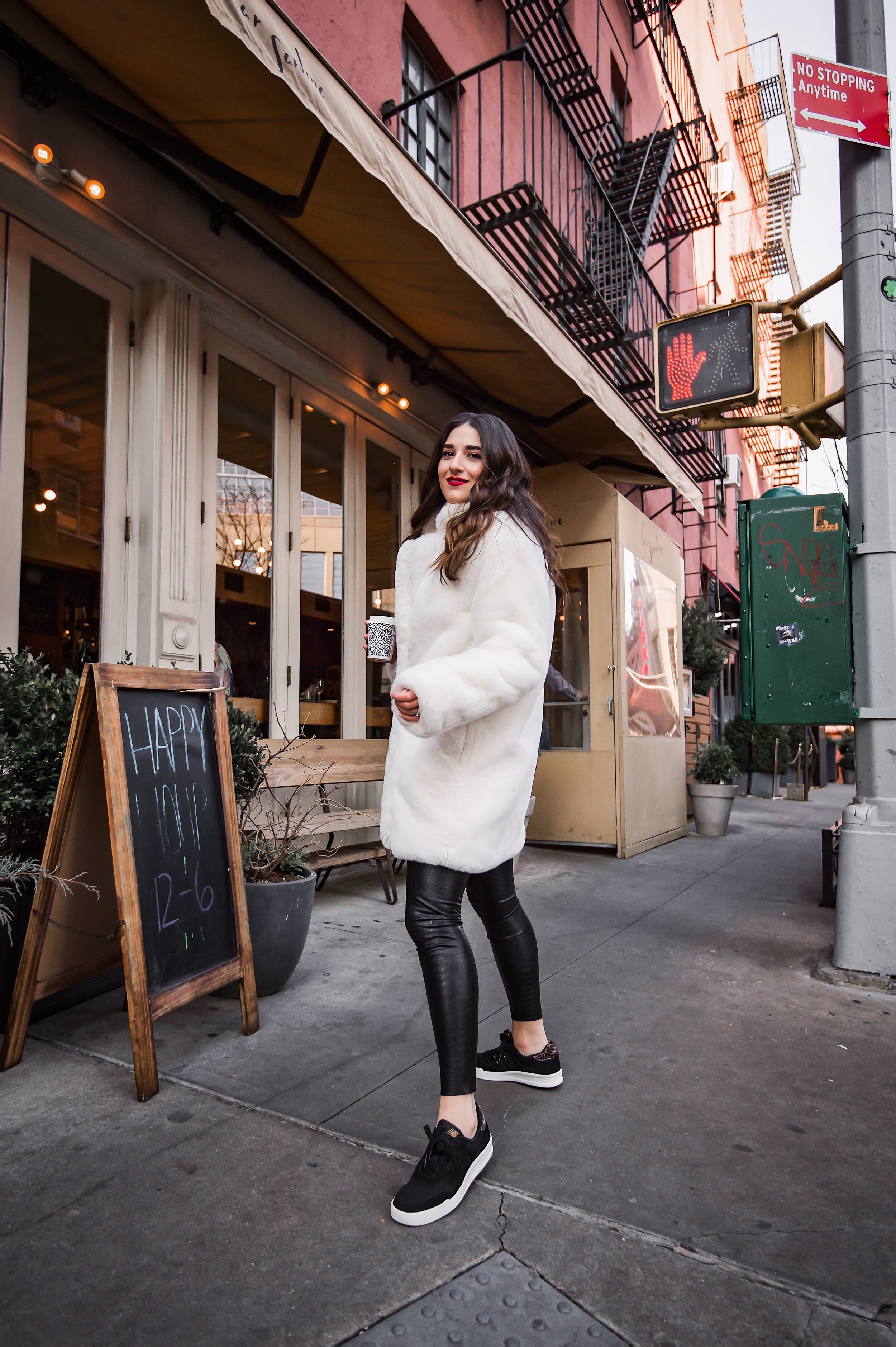White Fur Coat Black Snakeskin Leggings Esther Santer NYC Street Style Fashion Blog Winter Outfit OOTD Faux Fur Commando Nordstrom Maman Coffee Happy Girl Women Shopping Buy Red Lipstick Taxi Photography Manhattan Comfortable West  Village Location.JPG