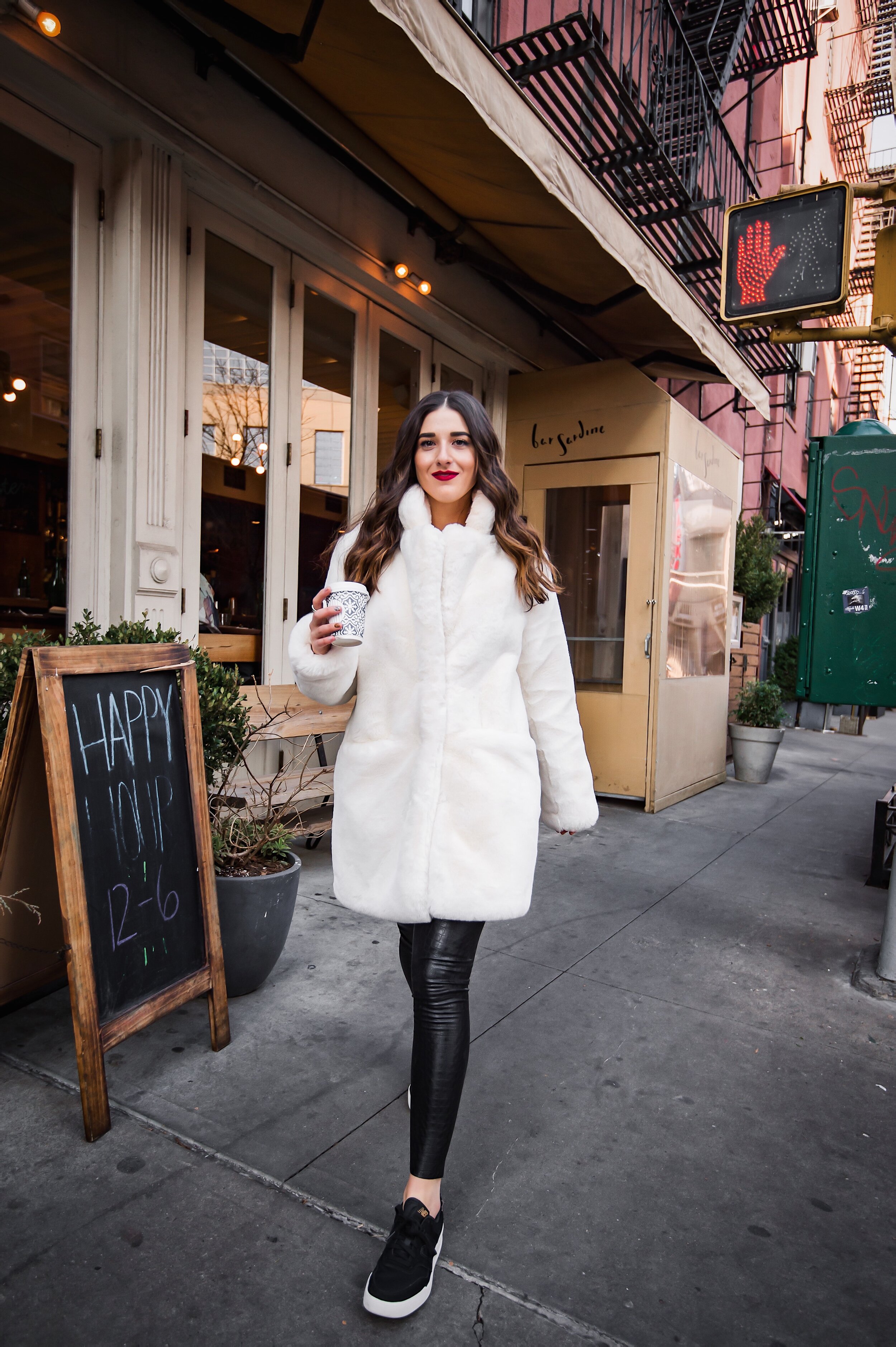 White Fur Coat Black Snakeskin Leggings Esther Santer NYC Street Style Fashion Blog Winter Outfit OOTD Faux Fur Commando Nordstrom Maman Coffee Happy Girl Women Shopping Buy Red Lipstick Taxi Photography Manhattan Comfortable West Village  Location.JPG