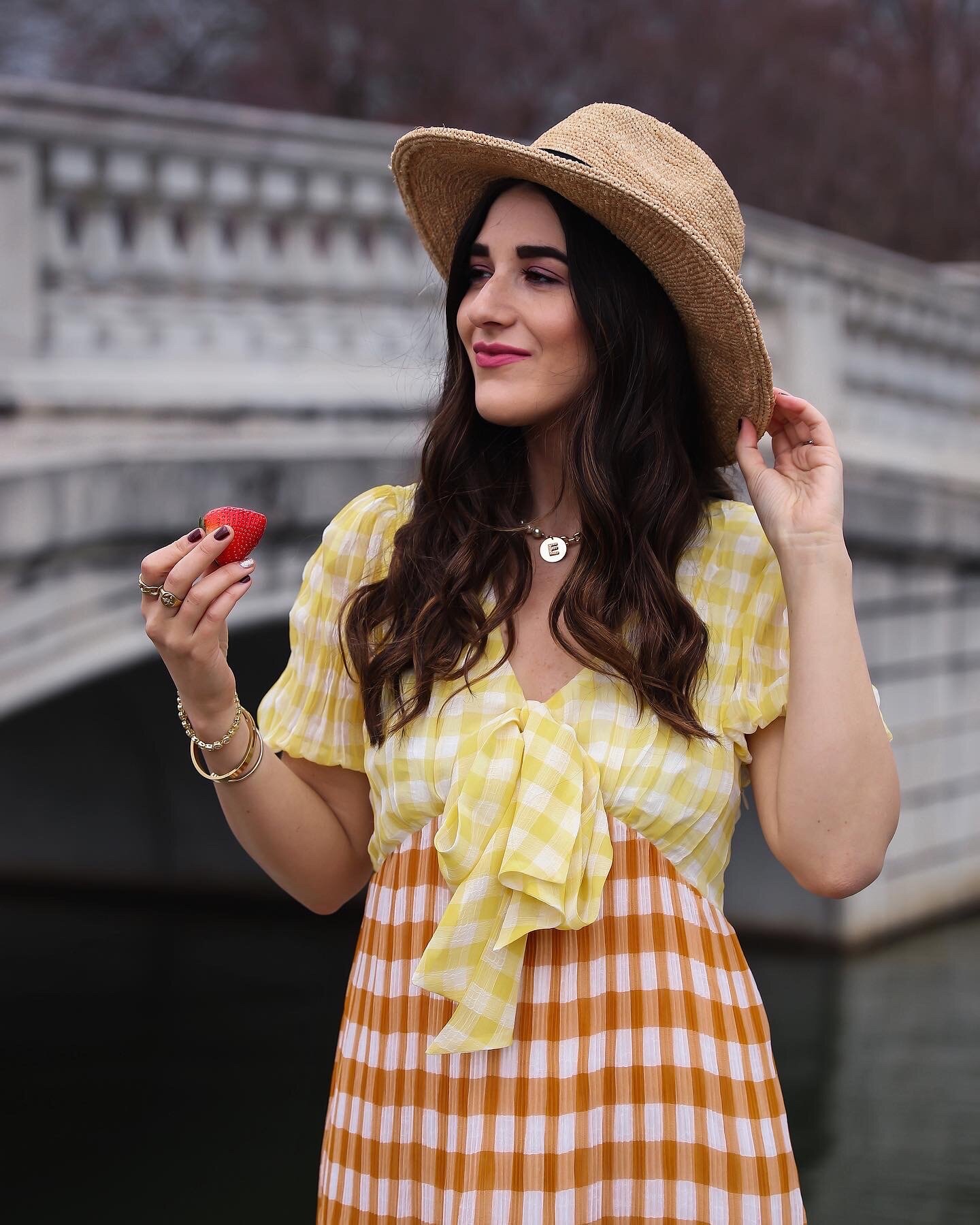 Gingham Midi Dress Summer Picnic Esther Santer NYC Street Style Fashion Blogger Fedora Checkered Maxi Orange Yellow Colorful Spring Stawberries Photoshoot St Louis Missouri Foxiedox Noa Initital Necklace Gold Bracelets Rings Jewelry Forest Park Hat.JPG