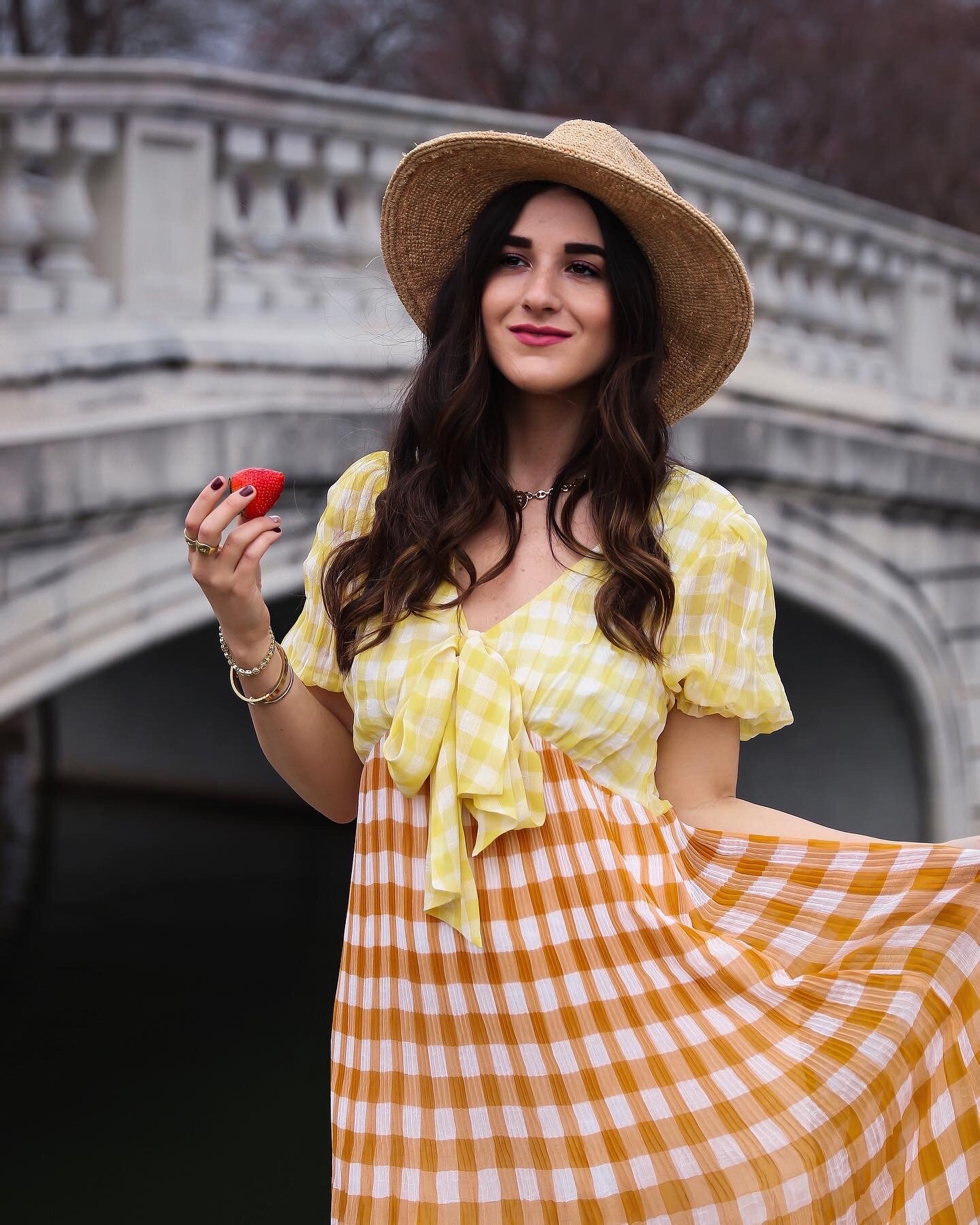 Gingham Midi Dress Summer Picnic Esther Santer NYC Street Style Fashion Blogger Fedora Checkered Maxi Orange Yellow Colorful Spring Stawberries Photoshoot St Louis Missouri Foxiedox Noa Initital Necklace Gold Bracelets Rings  Jewelry Forest Park Hat.JPG