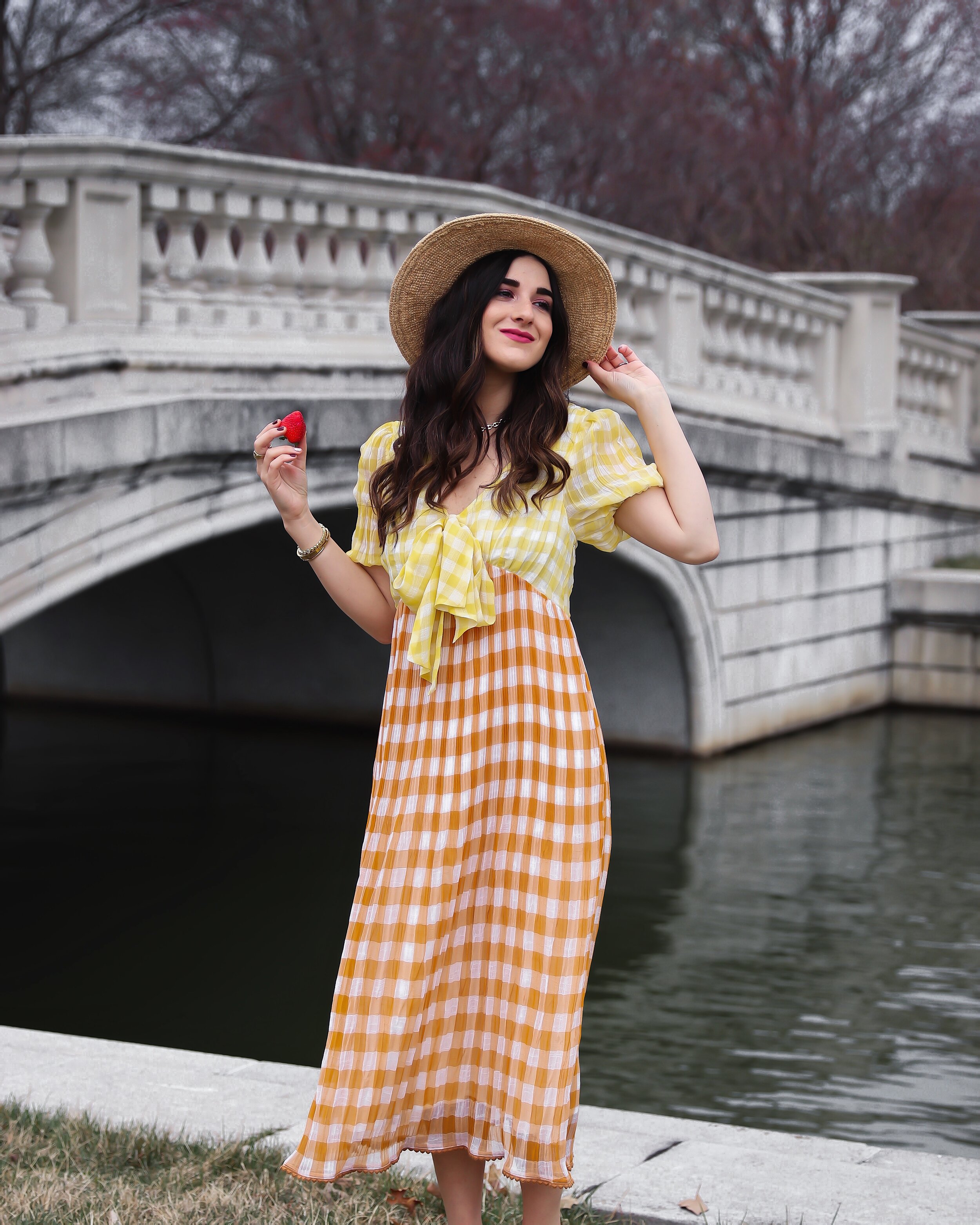 Gingham Midi Dress Summer Picnic Esther Santer NYC Street Style Fashion Blogger Fedora Checkered Maxi Orange Yellow Colorful Spring Stawberries Photoshoot St Louis Missouri Foxiedox Noa Initital Necklace Gold Bracelets Rings Jewelry Forest Park  Hat.JPG