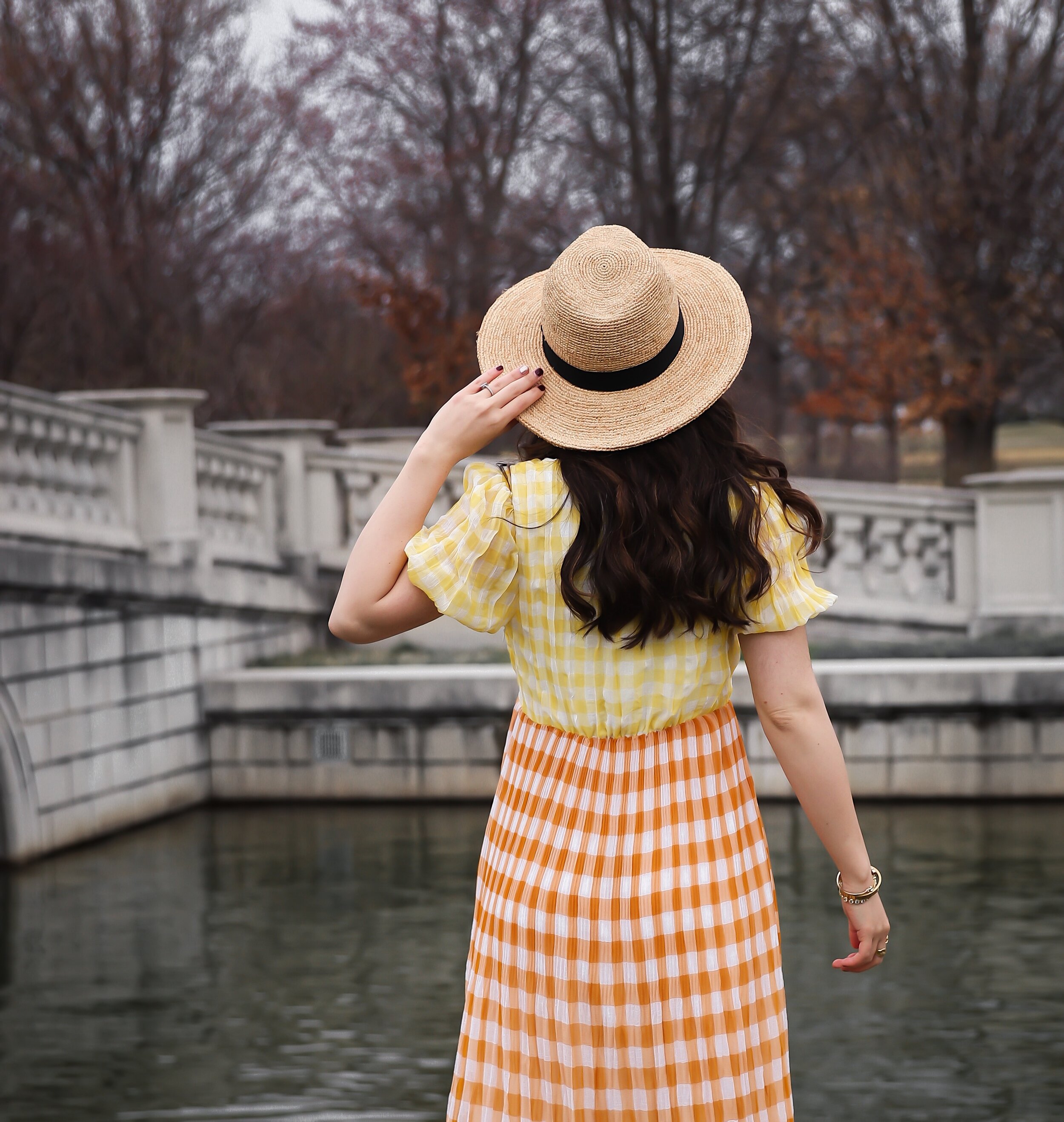 Gingham Midi Dress Summer Picnic Esther Santer NYC Street Style Fashion Blogger Fedora Checkered Maxi Orange Yellow Colorful Spring Stawberries Photoshoot St Louis Missouri Foxiedox Noa Initital Necklace Gold Bracelets Rings Jewelry Forest Park Hat.jpg